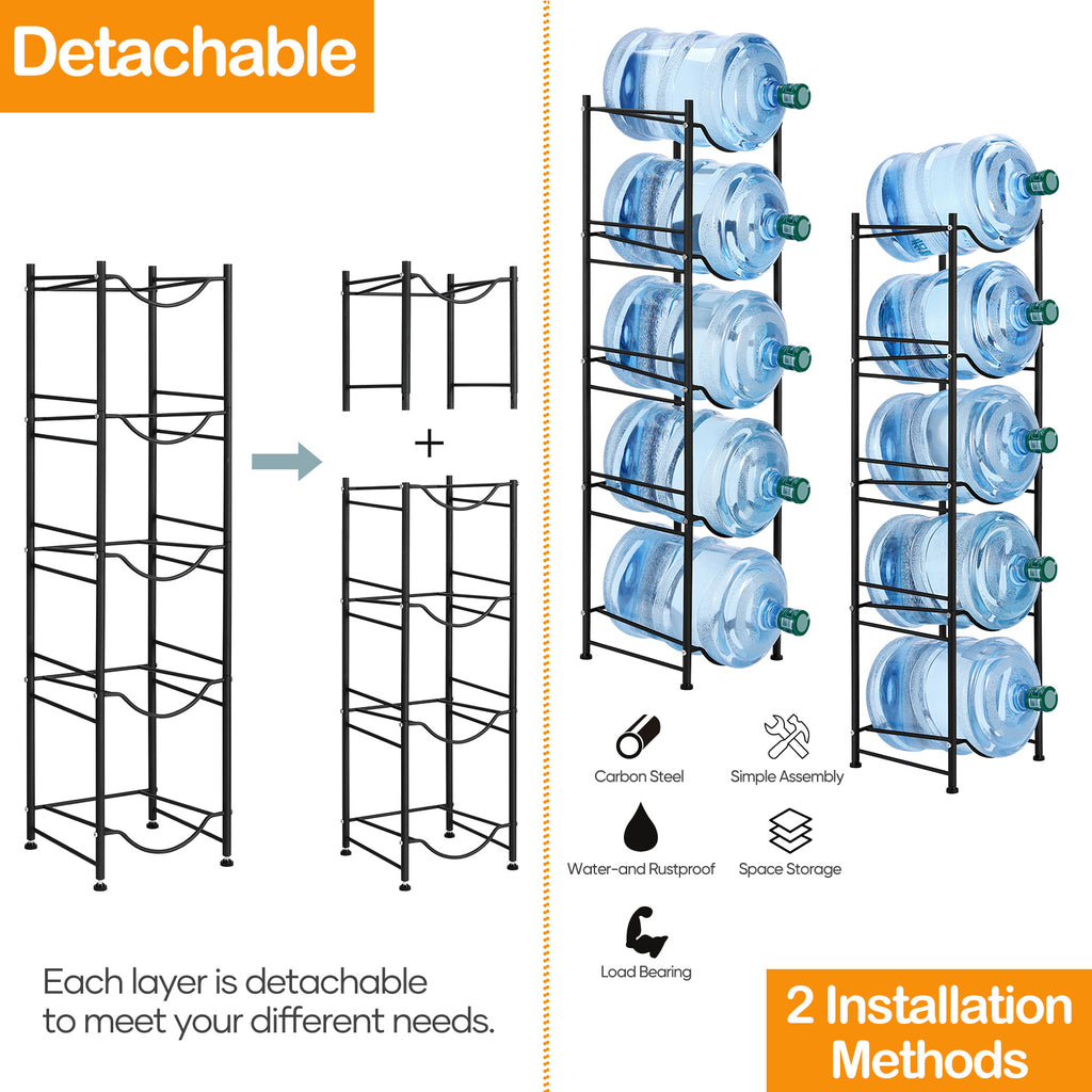 5-Tier Heavy Duty Black Metal Water Jug Storage Rack for 5-Gallon Bottles