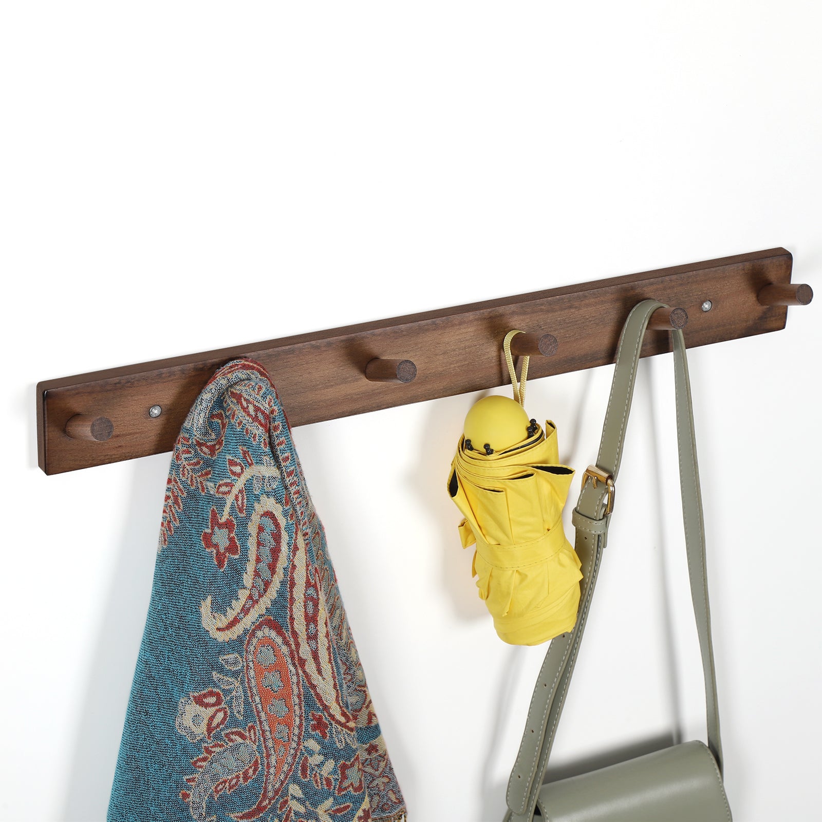 Rustic Dark Wood Peg Coat Hooks Set of 2, 6-Peg Wall Mount Hanging Rack, Farmhouse Wall Coat Hanger for Entryway Mudroom Towels Umbrellas Scarves