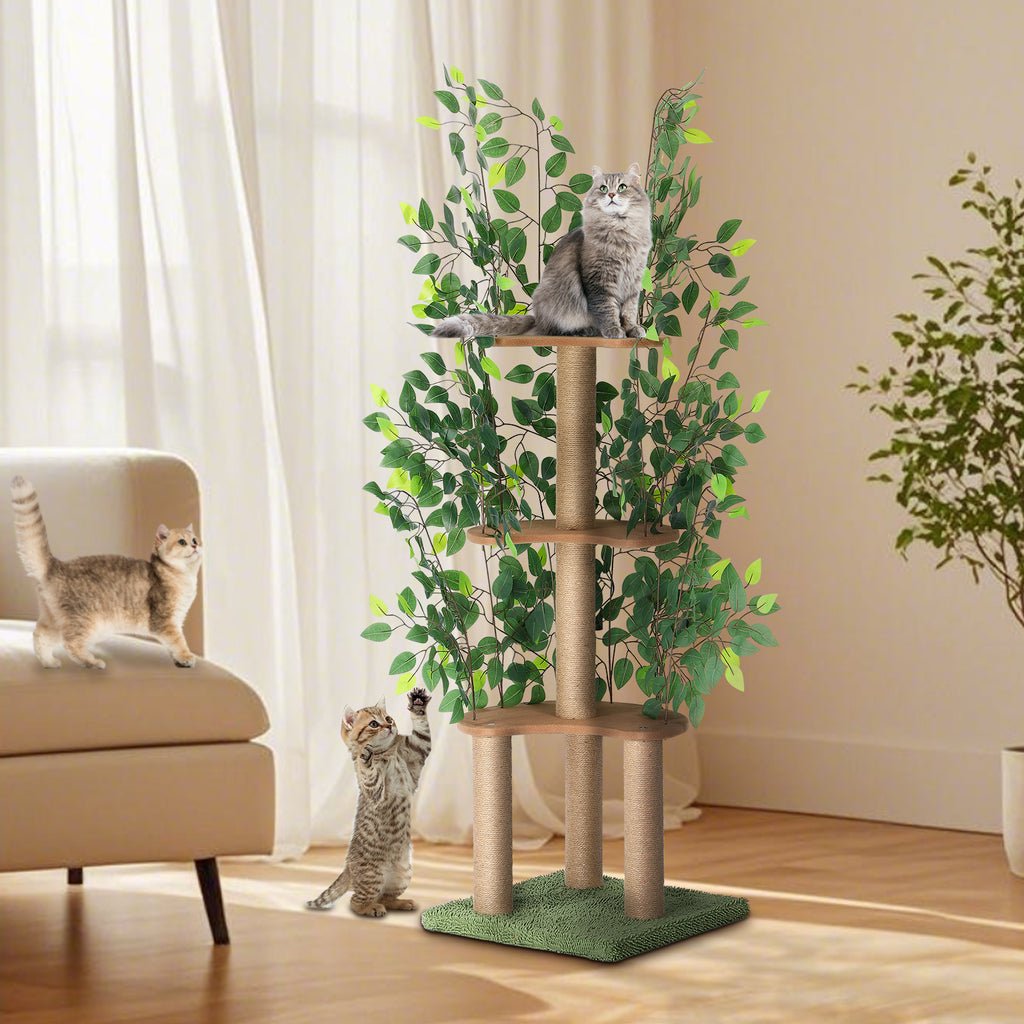 Modern Cat Tree with Artificial Leaves - Multi-Level Cat Tower with Scratching Posts & Hiding Spots
