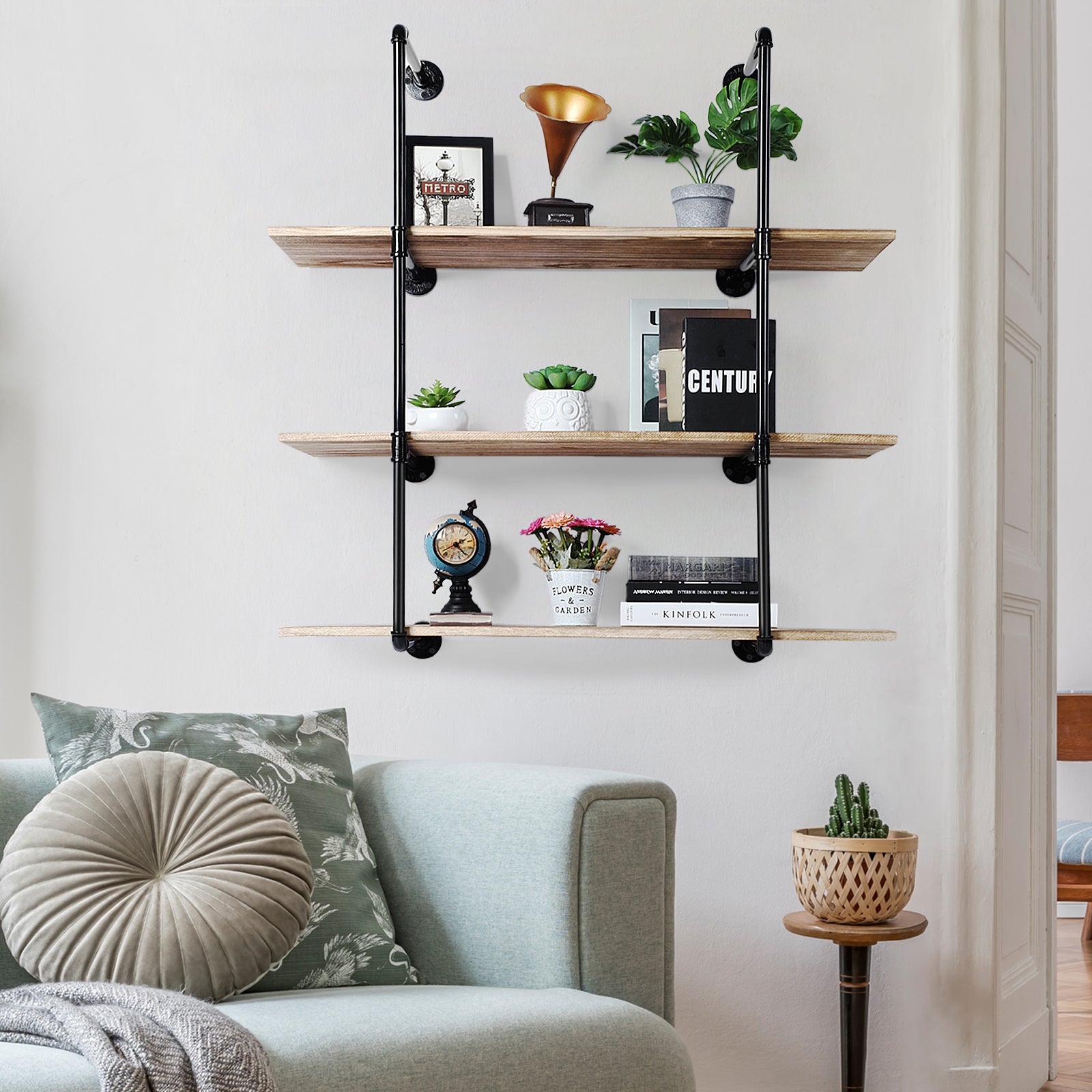 Wall-Mounted Industrial Pipe Brackets for Home and Garage Shelving Decor