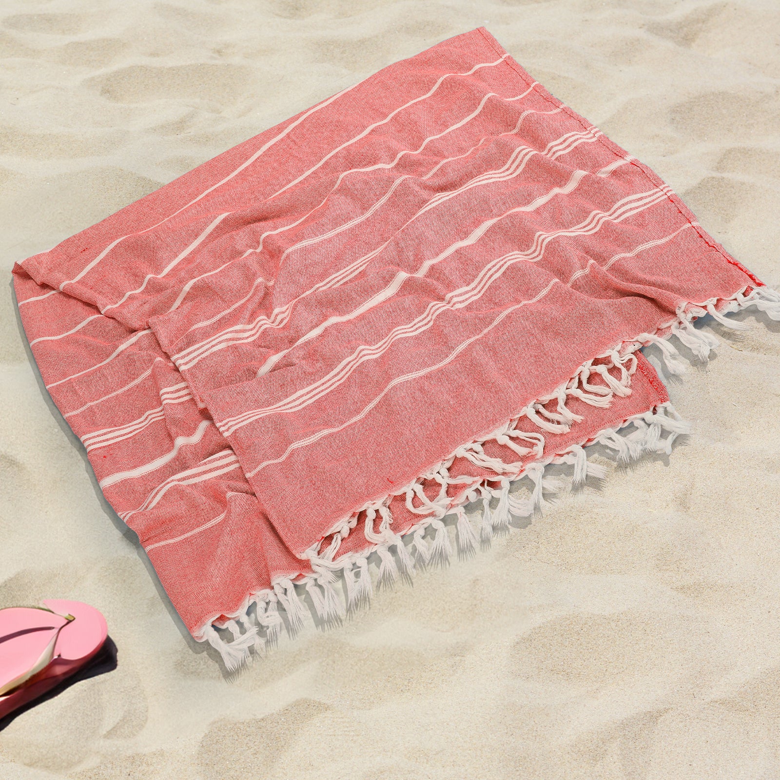 Set of 2 Turkish Beach Towels, Sand-Free Quick Dry Absorbent Cotton Towels, Large Lightweight Stylish Striped Peshtemal with Tassels for Beach, Bath, Pool, Picnic