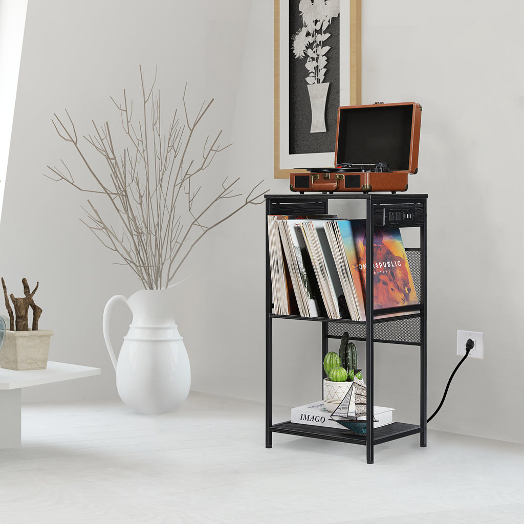 3-Tier Vinyl Storage Unit and Turntable Stand with Integrated Power Strip, 3 USB Ports, and 2 AC Outlets for Bedroom or Lounge, Black Wood Grain Finish