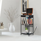 3-Tier Vinyl Storage Unit and Turntable Stand with Integrated Power Strip, 3 USB Ports, and 2 AC Outlets for Bedroom or Lounge, Black Wood Grain Finish