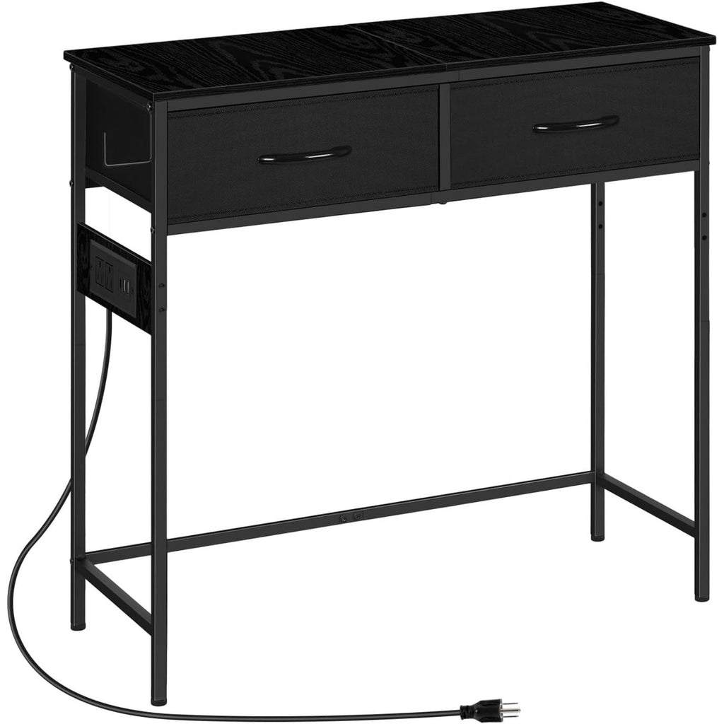 Slim Console Table with Built-in Charging Station, Two Storage Drawers, and Accessory Hook for Entryway or Living Room, Black and Rustic Brown finish