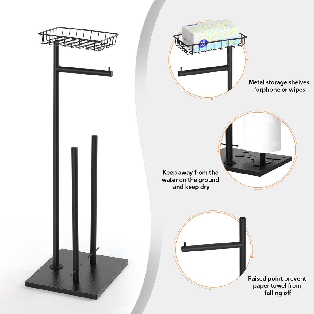 Two Pack Black Double Storage Rods with Basket Shelf, Freestanding Toilet Paper Holder, Holds 3 Rolls of Toilet Paper Rustproof Design, Non-Slip Stable Base
