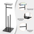 Two Pack Black Double Storage Rods with Basket Shelf, Freestanding Toilet Paper Holder, Holds 3 Rolls of Toilet Paper Rustproof Design, Non-Slip Stable Base