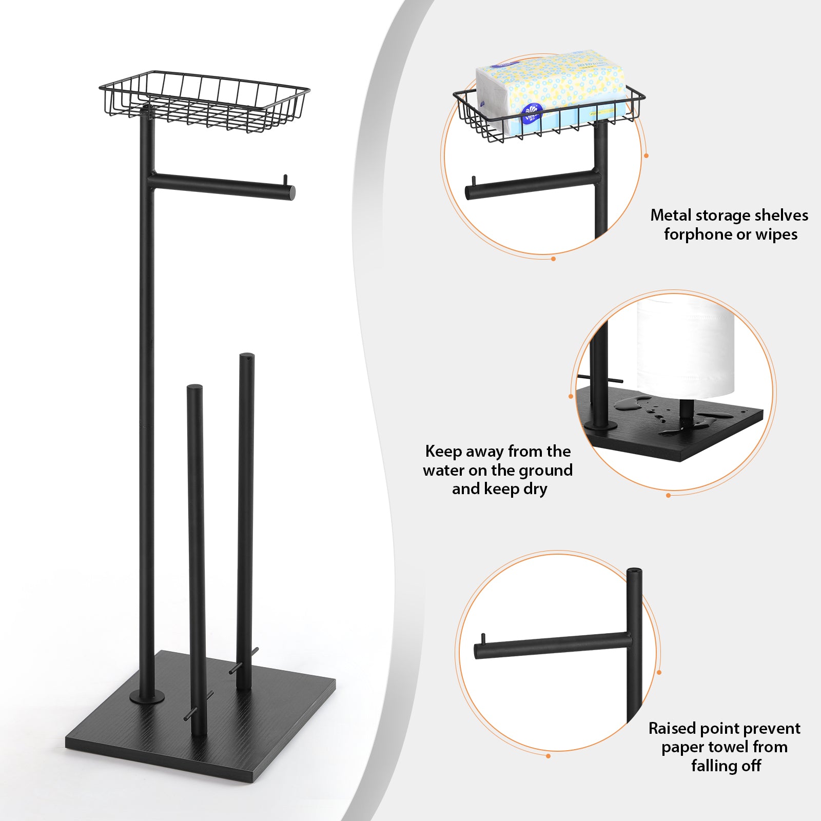 Two Pack Black Double Storage Rods with Basket Shelf, Freestanding Toilet Paper Holder, Holds 3 Rolls of Toilet Paper Rustproof Design, Non-Slip Stable Base
