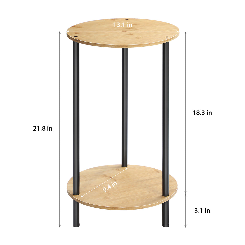 Small Round End Table Set of 2 - 2-Tier Rustic Accent Tables w/ Storage Shelf, Yellow