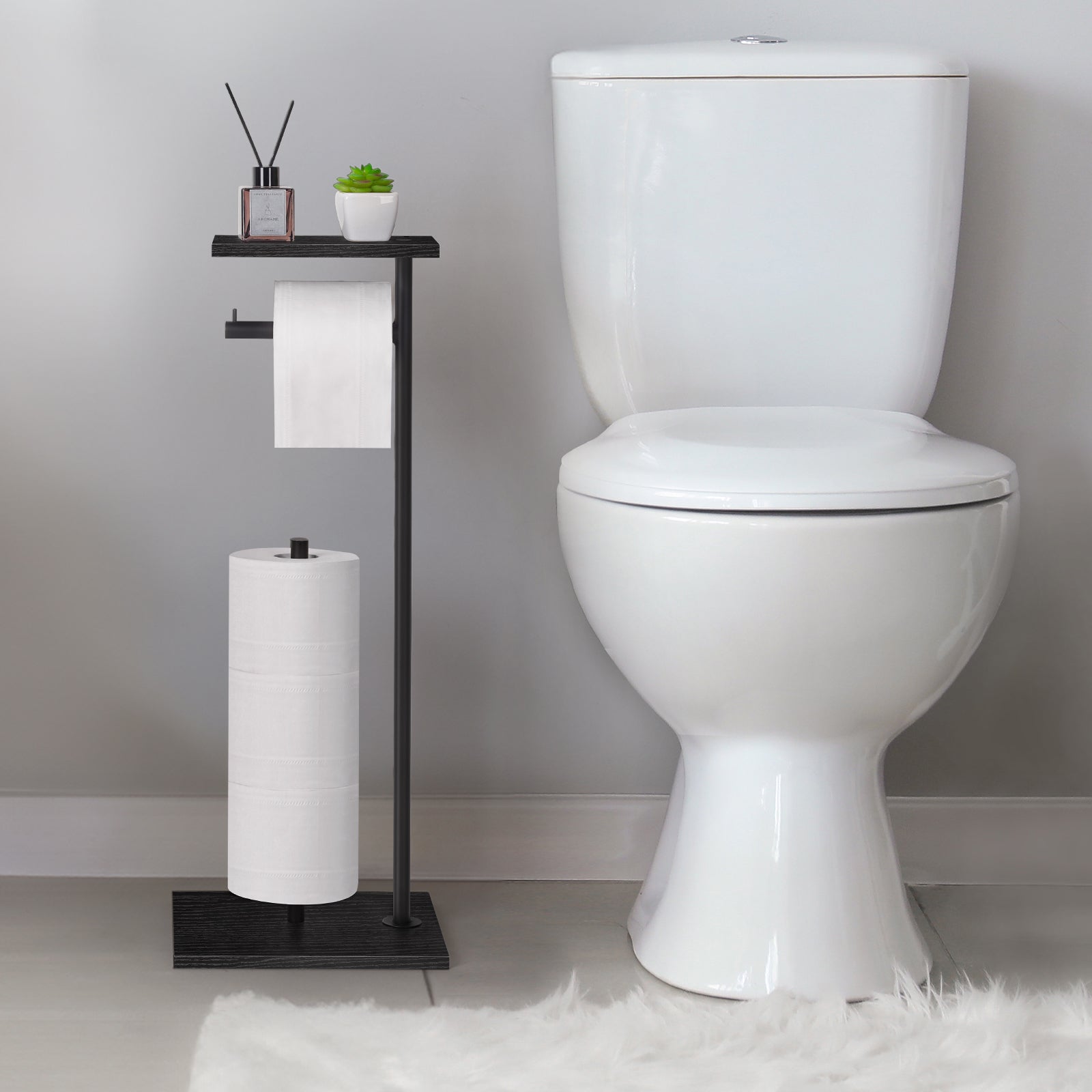 Free Standing Toilet Paper Holder Stand with Shelf, Black Metal & Wood Toilet Paper Storage with Reserve, Bathroom Organizer for Mega Rolls, Phones, Wipes