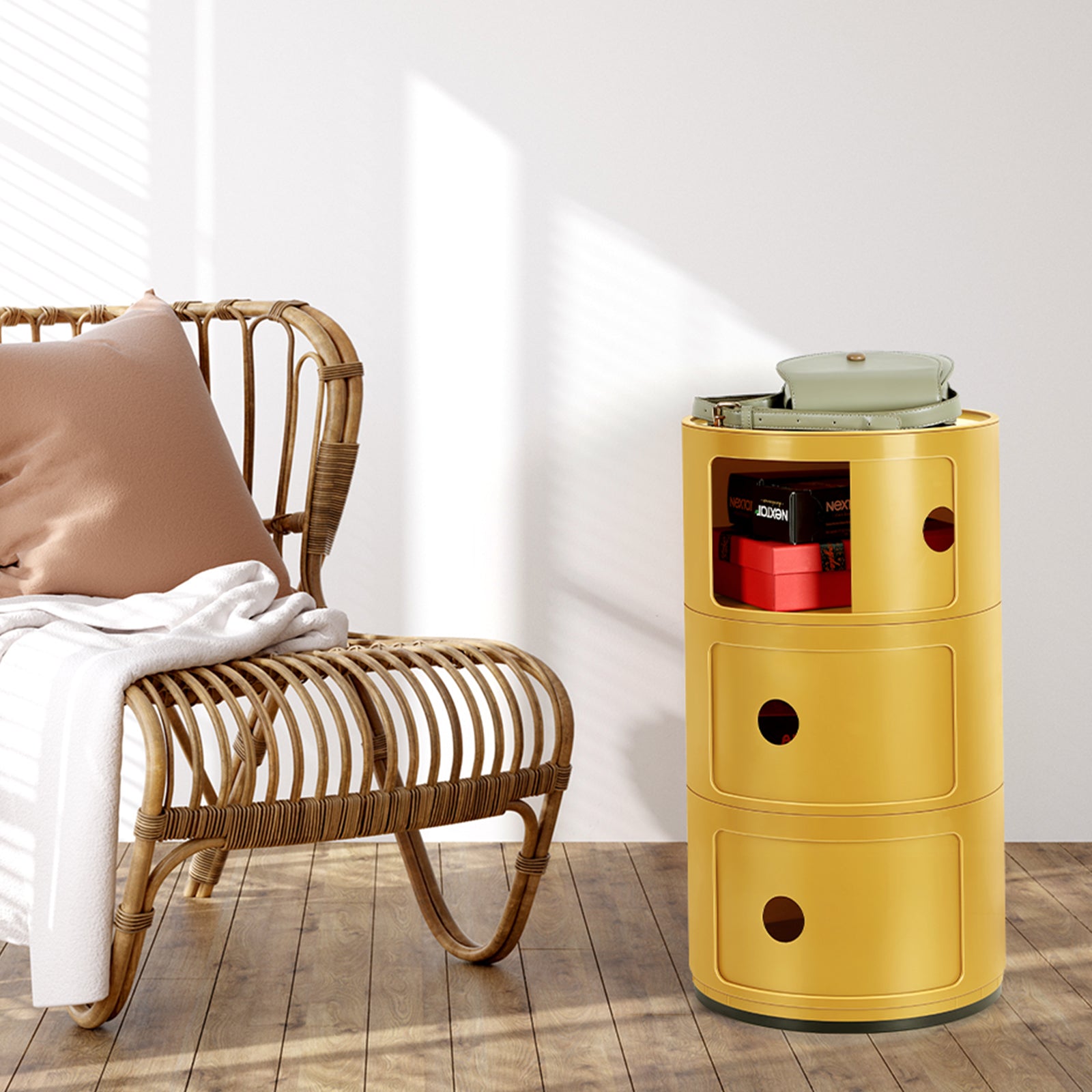 Stylish Plastic Round Nightstand Storage With Drawers & Sliding Doors, Minimalism 3 Tier Bedside Table Lightweight Stackable Cabinet Side Table, End Table, For Living Room And Bedroom, Small Space,