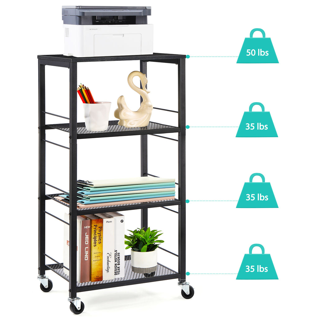 4-Tier Rolling Kitchen Cart with Wood Tabletop, Industrial Microwave Stand on Wheels with 3 Mesh Storage Shelves, Slim Utility Cart & Serving Bar for Small Spaces, Office, Pantry, Bathroom, Black