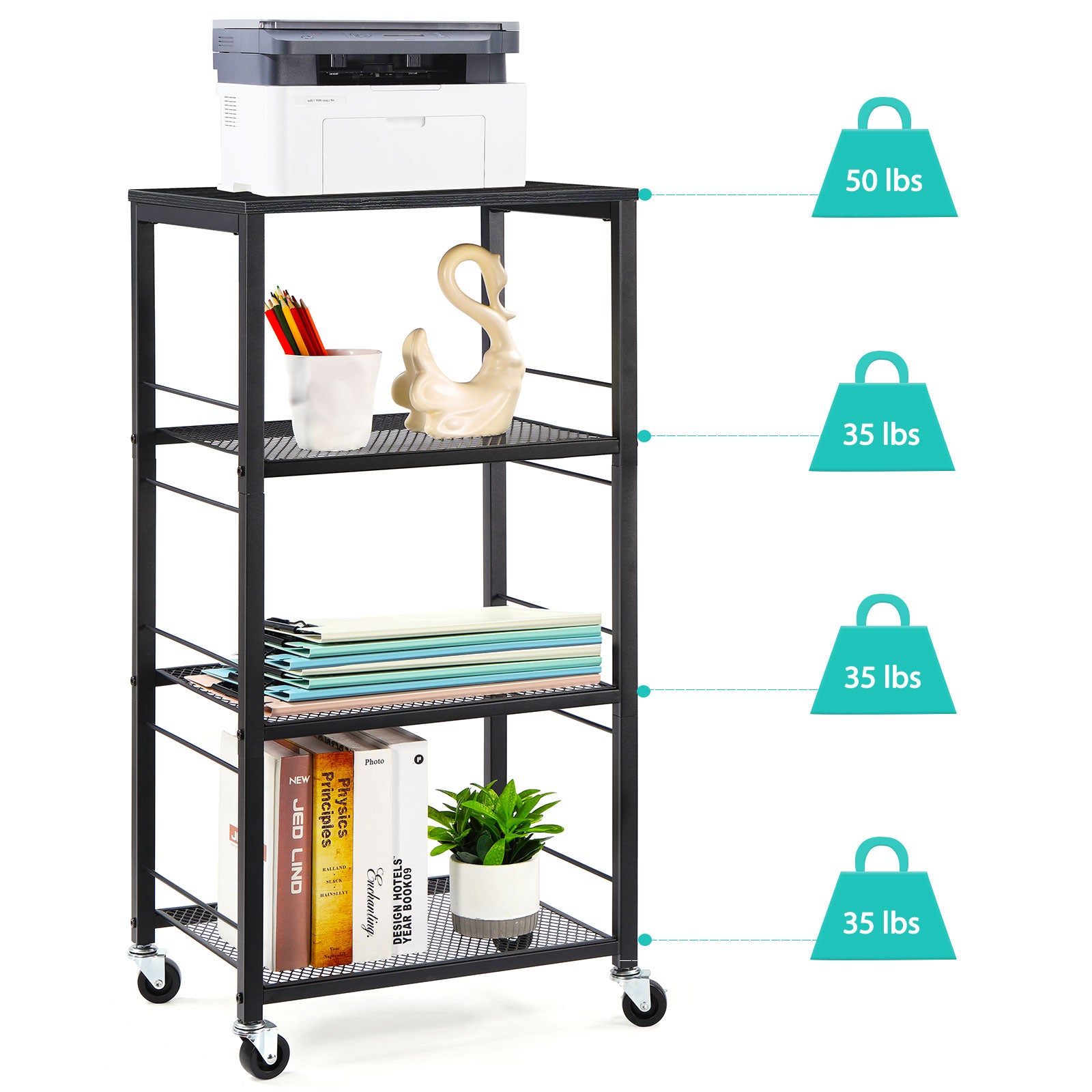 4-Tier Rolling Kitchen Cart with Wood Tabletop, Industrial Microwave Stand on Wheels with 3 Mesh Storage Shelves, Slim Utility Cart & Serving Bar for Small Spaces, Office, Pantry, Bathroom, Black