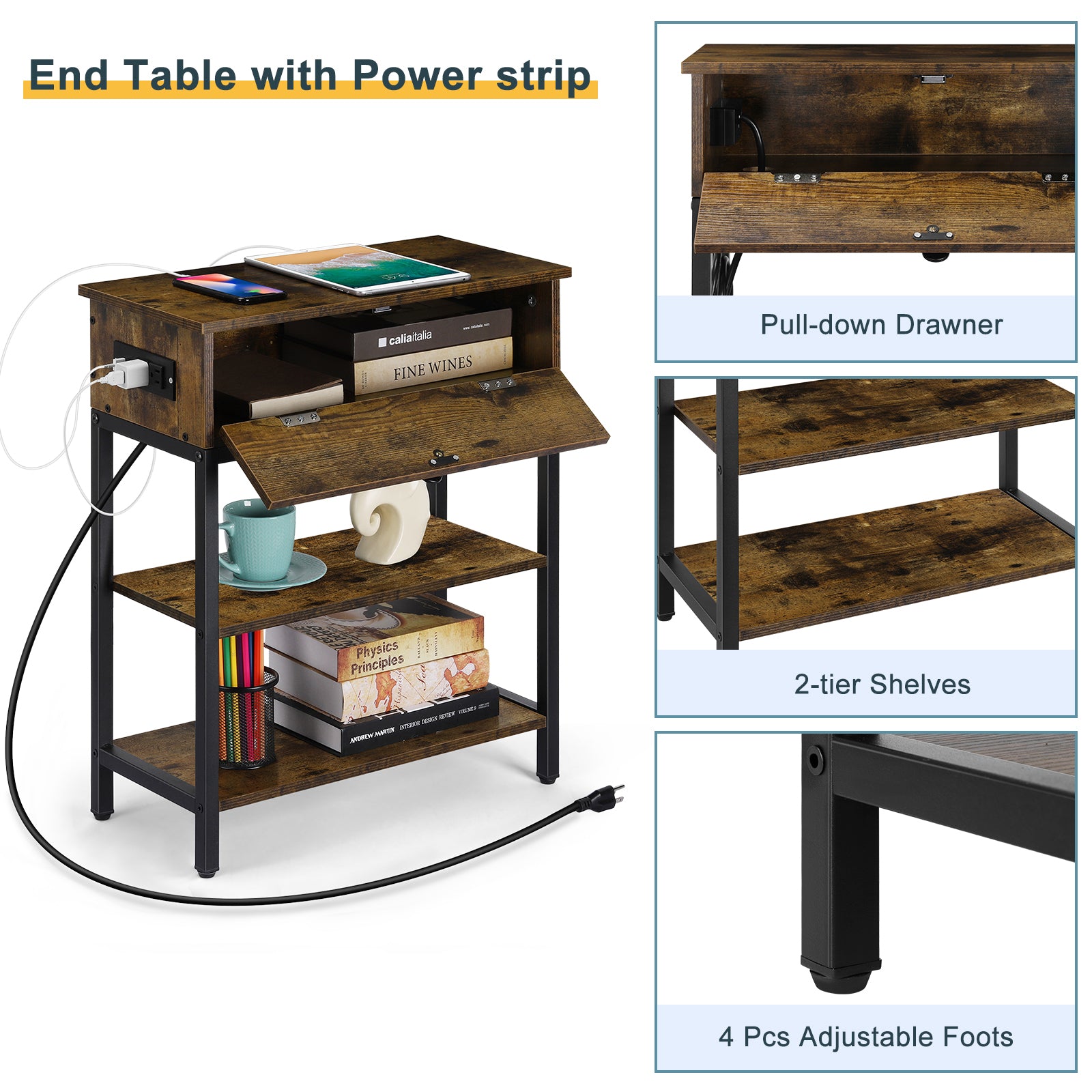 Nightstand with Charging Station & Flip Door, Rustic Side Table with USB Ports for Small Spaces