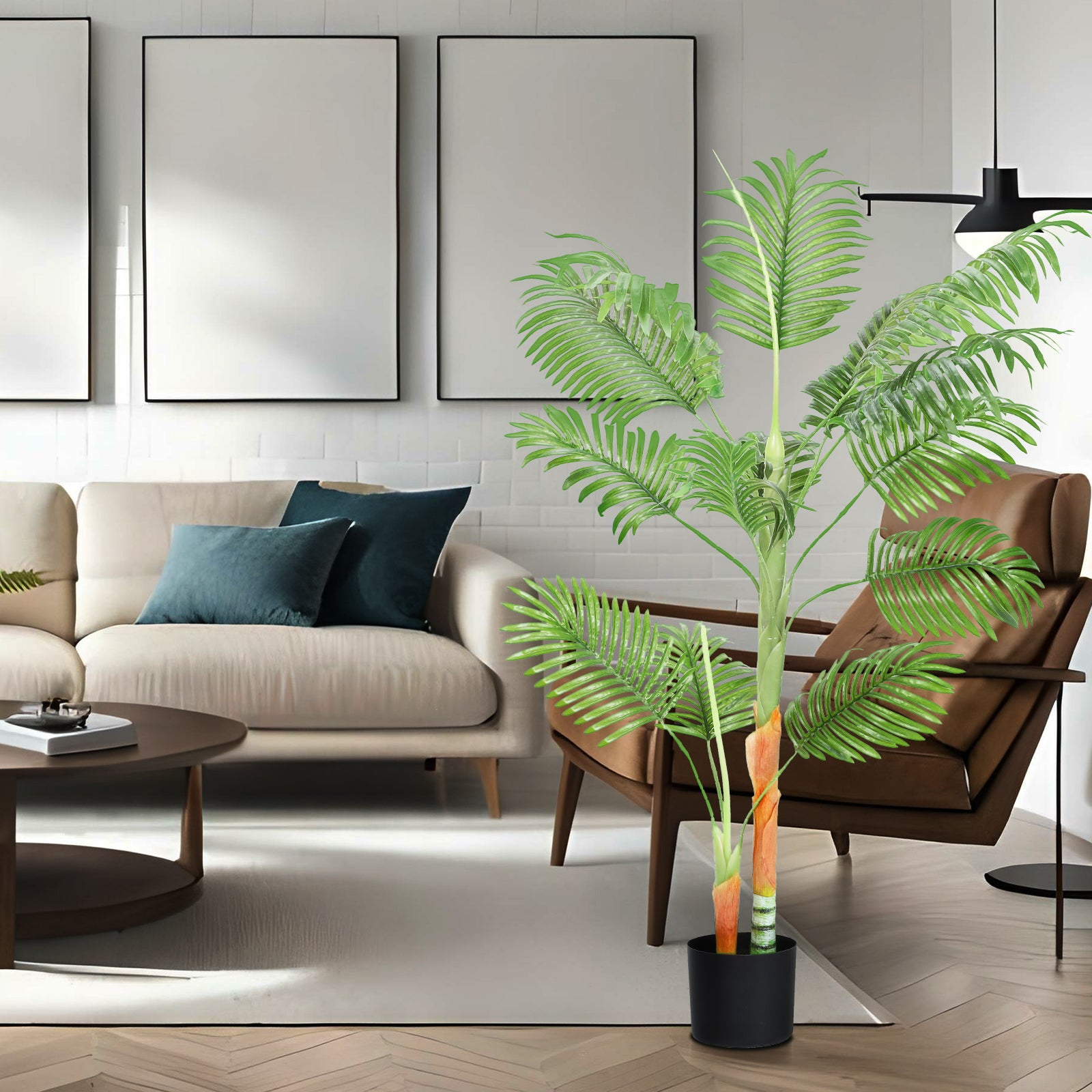 Tall Artificial Palm Tree with 2 Main Trunks - Potted Faux Tropical Plant for Home Office & Living Room