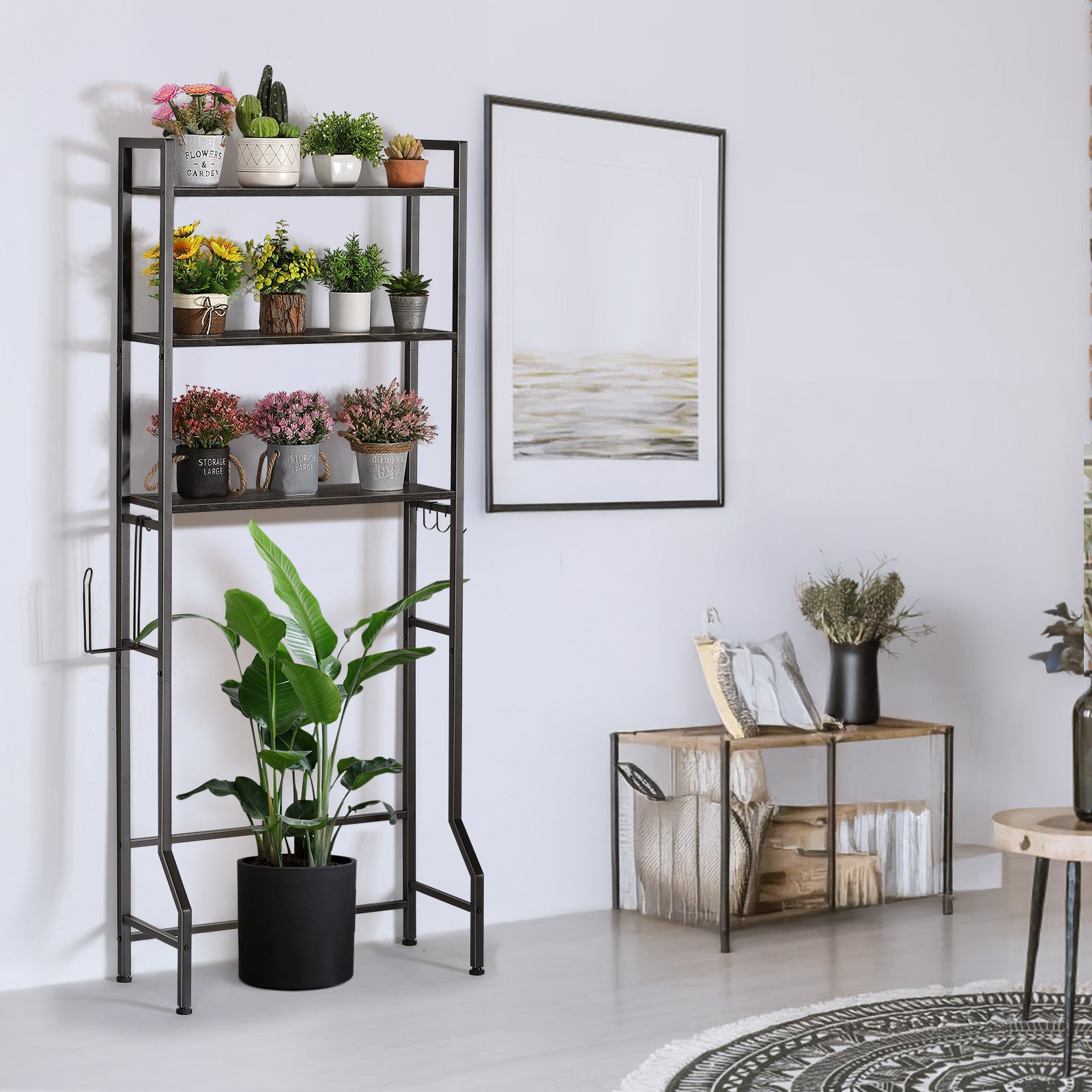 3-Tier Over the Toilet Storage Rack - Space-Saving Bathroom Organizer with Toilet Paper Holder & Hooks,