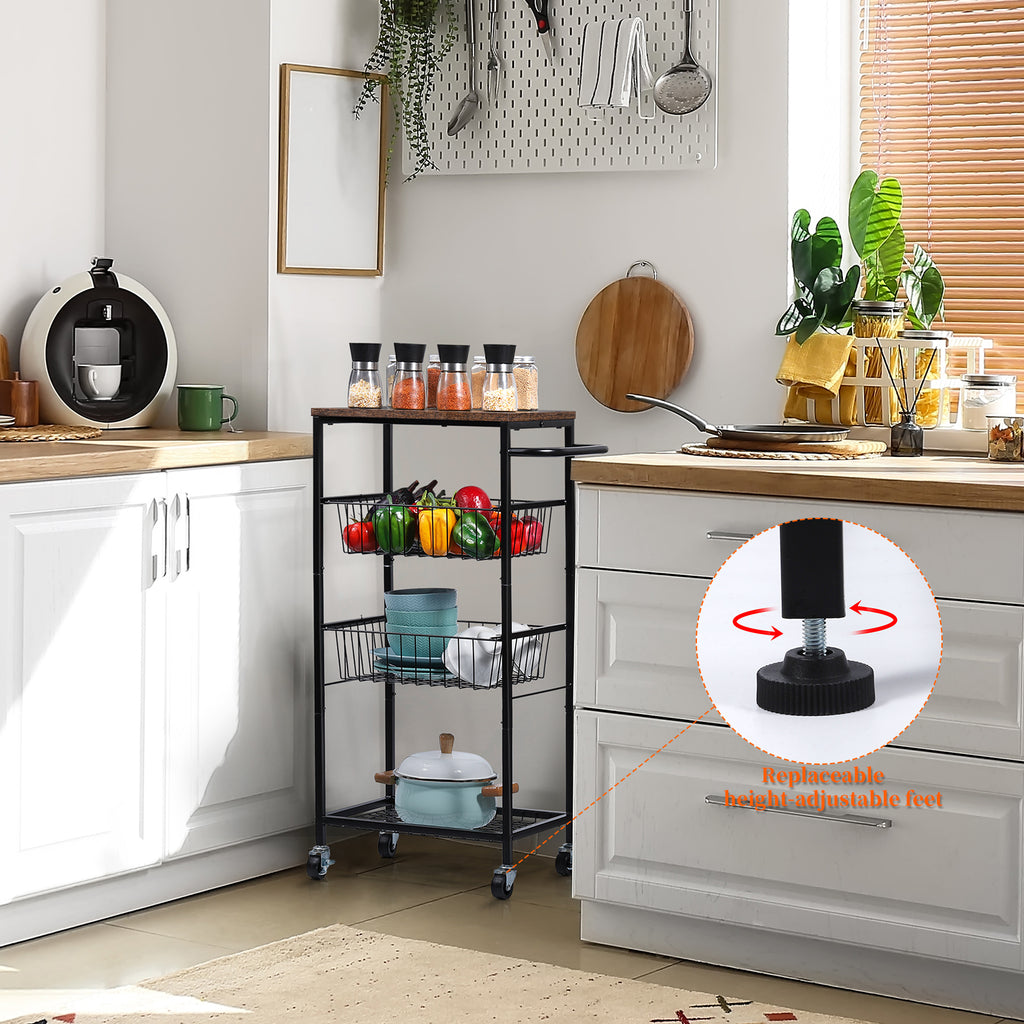 4-Tier Rolling Fruit & Vegetable Basket Cart - Mesh Wire Storage Trolley with Wood Top and Side Handle