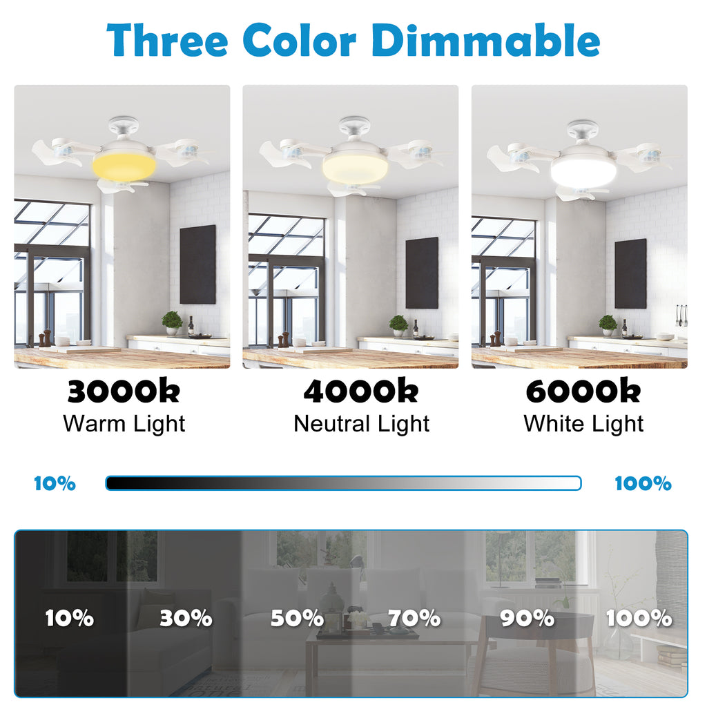 2-in-1 Foldable Ceiling Fan Light with Remote, Dimmable 3 Color Temperature & 3-Speed Airflow, Modern LED Fan Lamp for Bedroom, Living Room, Kitchen, Bathroom, Easy Install, Space-Saving Design for All Seasons