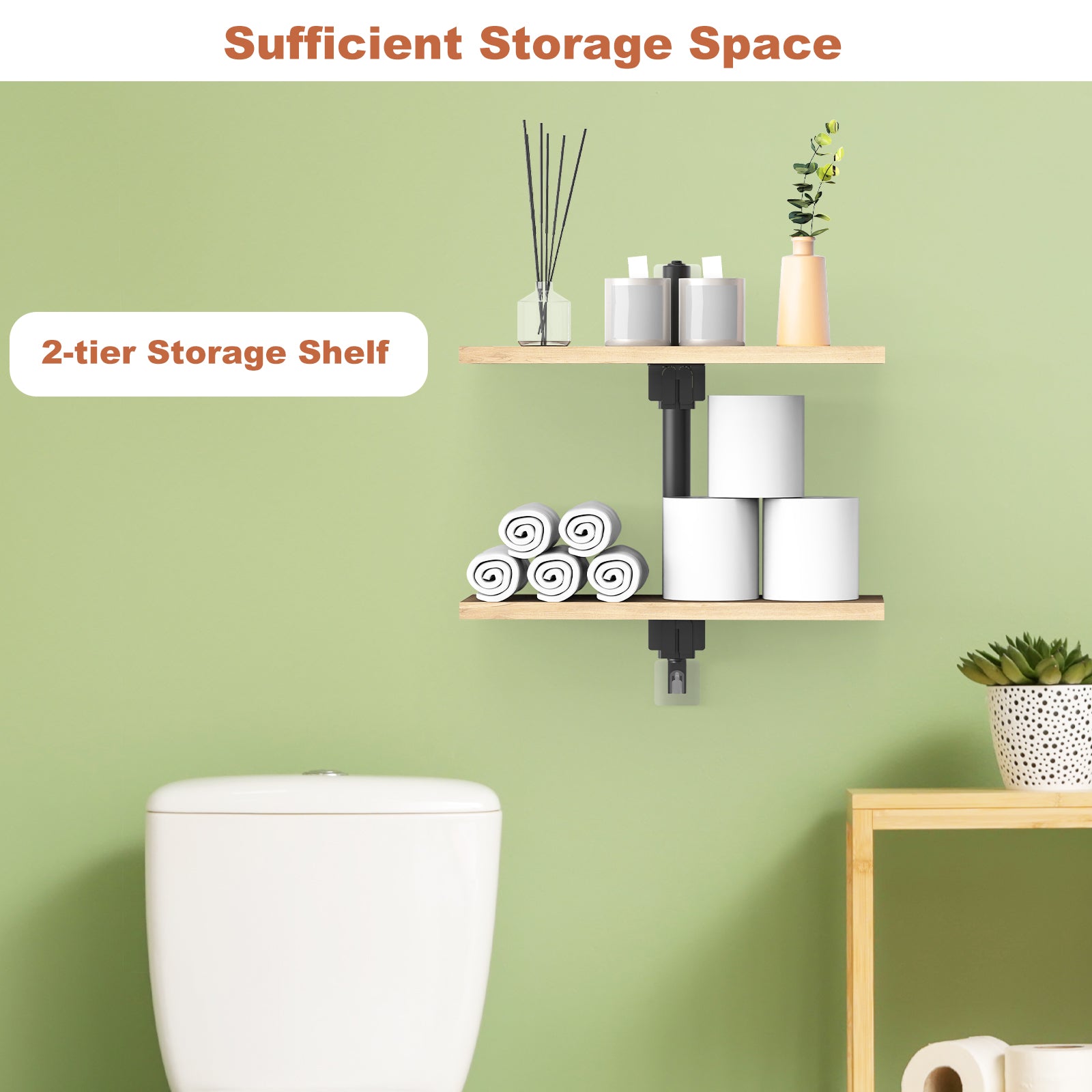2-Tier Floating Wall Shelves, Wood & Metal Decorative Storage Rack for Bedroom & Living Room