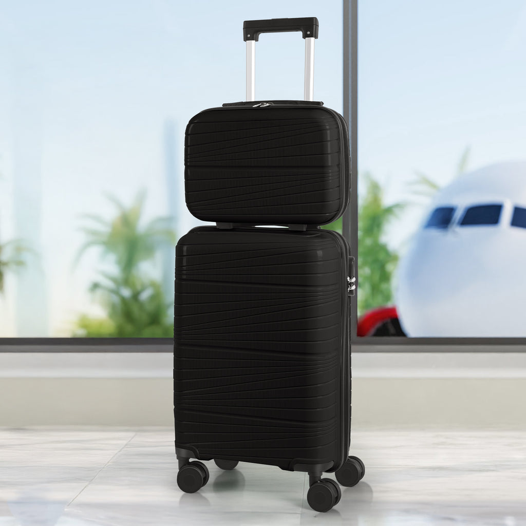 2-Piece PP Hardside Luggage Set - 20 Inch Carry On Suitcase + 14 Inch Cosmetic Case with Spinner Wheels & Lock (Black)
