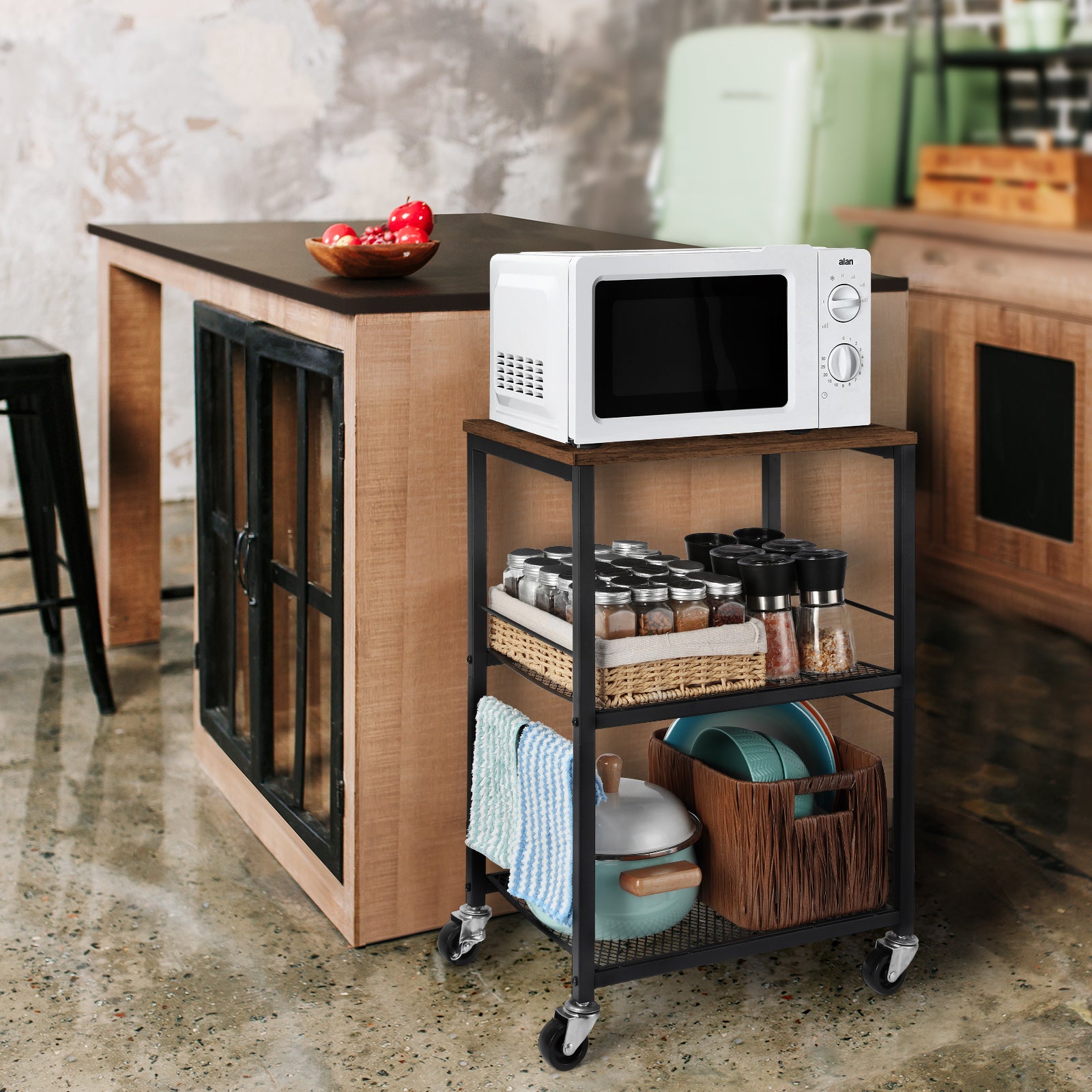 Bedside table - two layers of iron mesh. Three tiered rolling storage table. Sofa small side table. The bedside table is black. Suitable for bedrooms, living rooms, and small spaces.