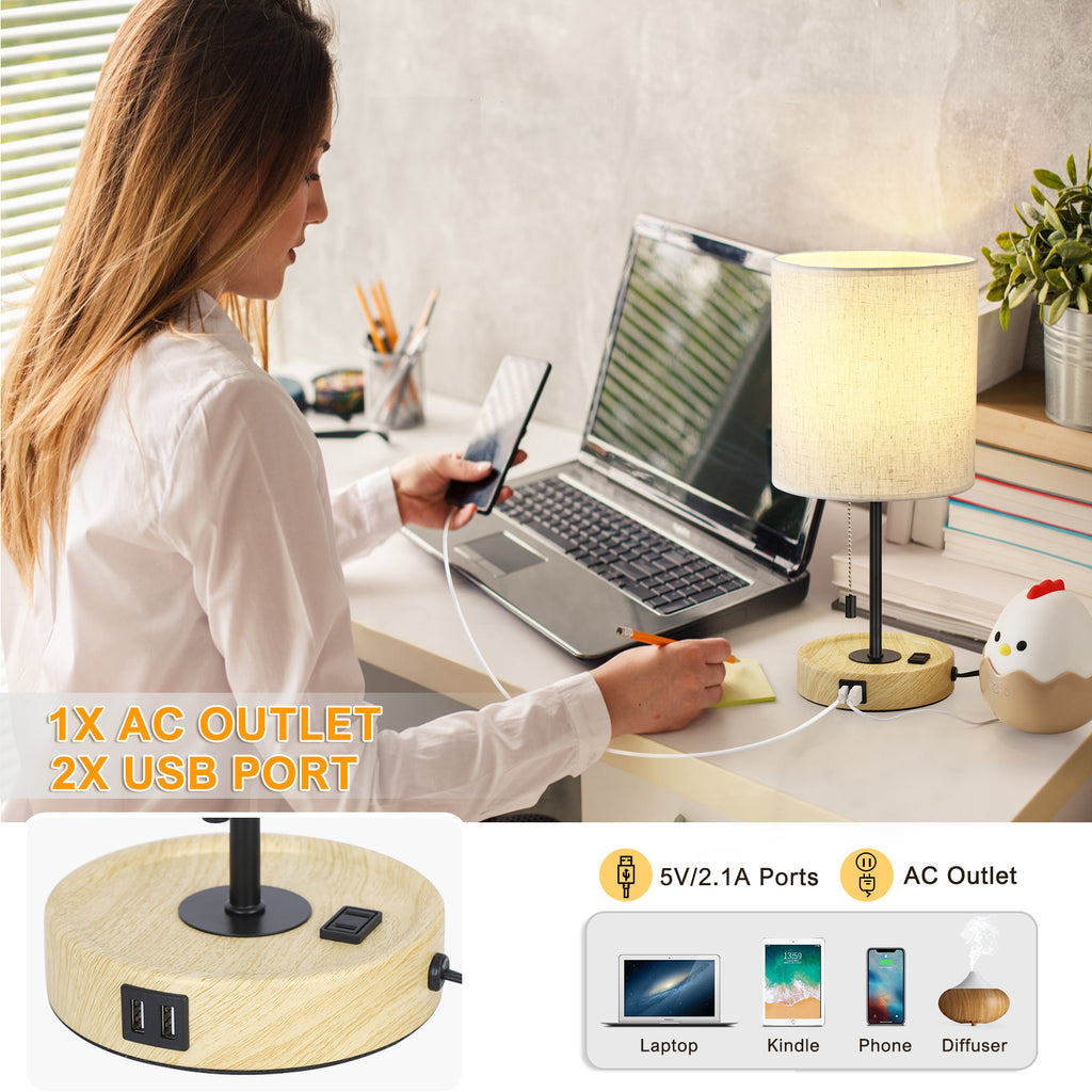 Multifunctional Wood Base USB Bedside Lamp， Table Lamp with Dual USB Ports and AC Outlet.
