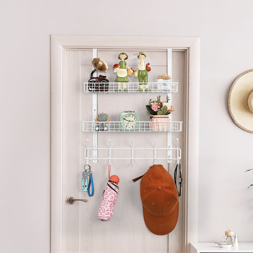 Over The Door Hanger with 2 Mesh Baskets & 5 Hooks - White Detachable Storage Rack