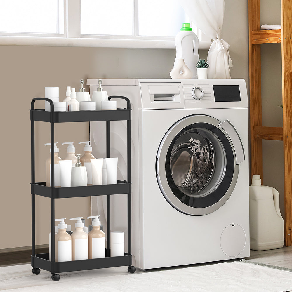 3-layer storage rack - black, three-layer roller cart with wheels and handles. Suitable for offices, living rooms, and laundry rooms.