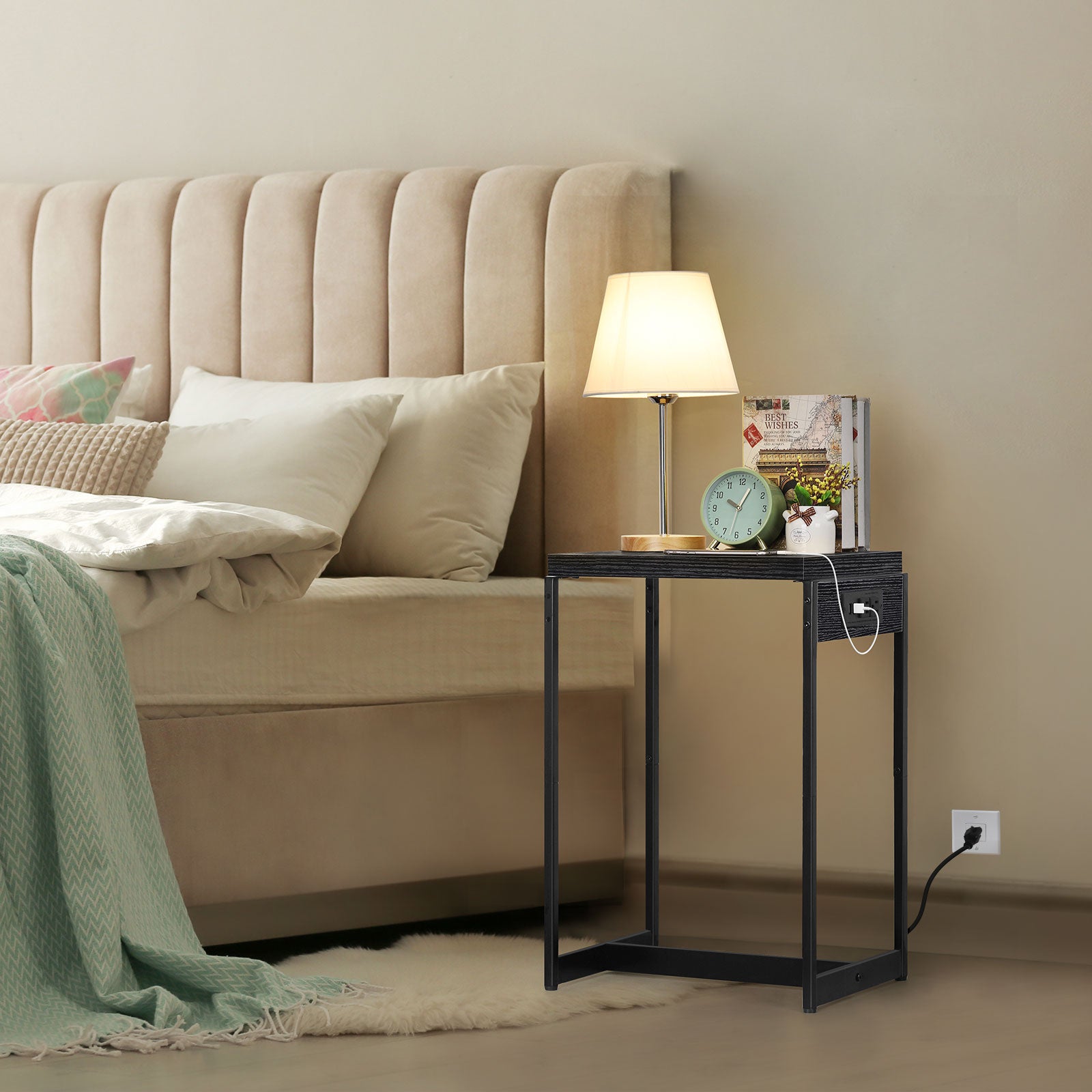 Set of 2 Nightstands with Charging Station - Slim Side Tables with USB Ports & AC Outlets for Bedroom
