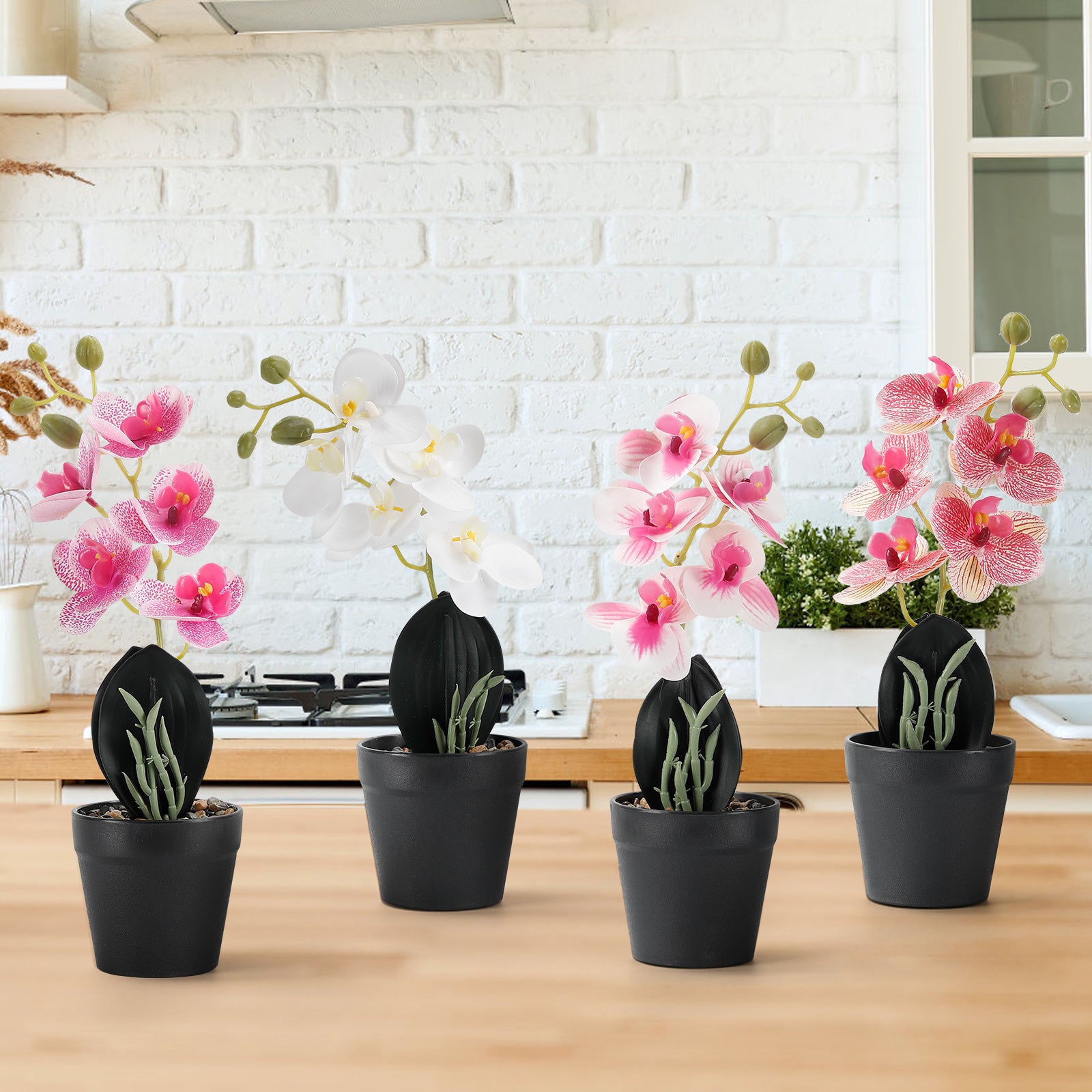 4-Pack Mini Artificial Orchid Potted Flowers, Phalaenopsis Faux Silk Floral Decor for Office Desk & Wedding Table
