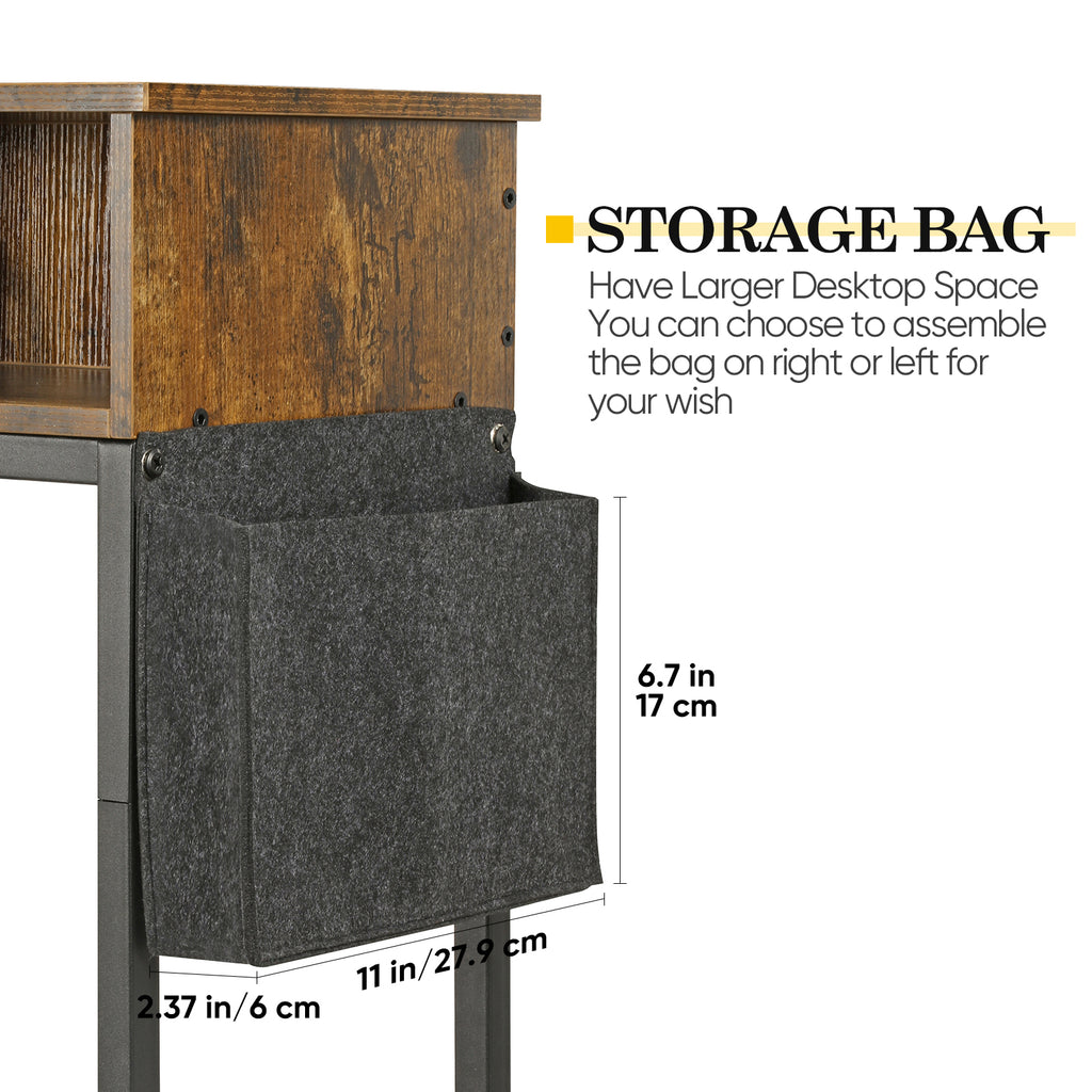 End Table with Charging Station & Fabric Storage Bag - Narrow Nightstand for Living Room and Bedroom
