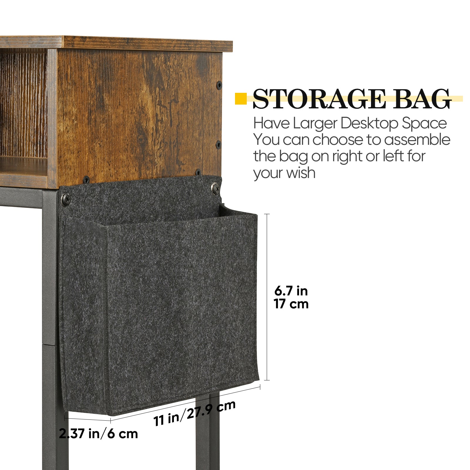 End Table with Charging Station & Fabric Storage Bag - Narrow Nightstand for Living Room and Bedroom