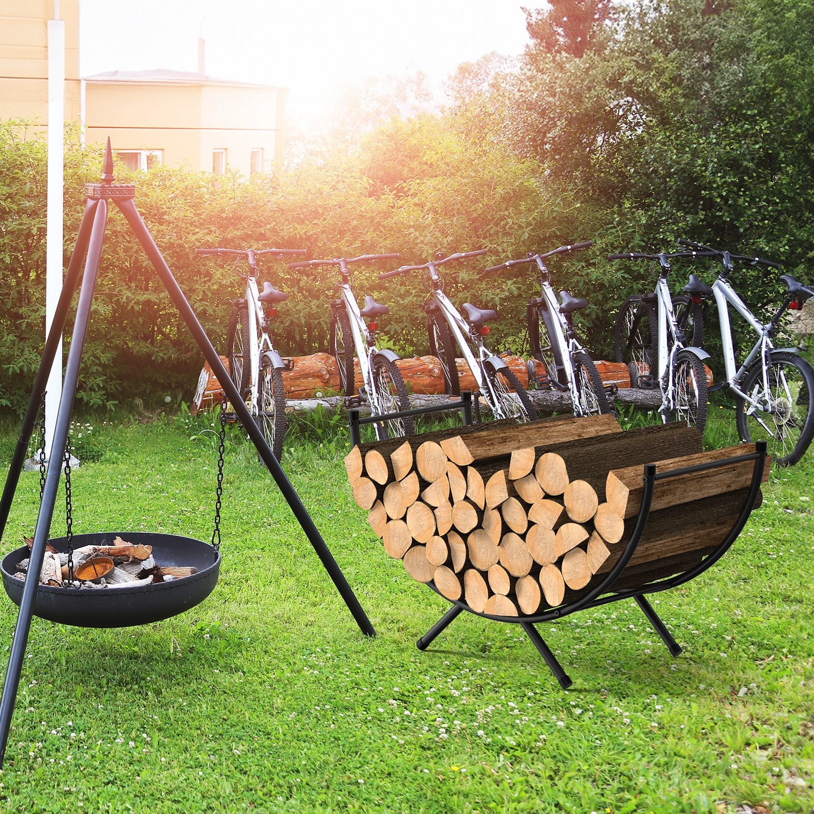 33 Inch Curved Firewood Rack, Powder-Coated Metal Fireplace Log Holder, Heavy Duty Indoor/Outdoor Firewood Storage Rack for Fireplace, Patio, Backyard, Black
