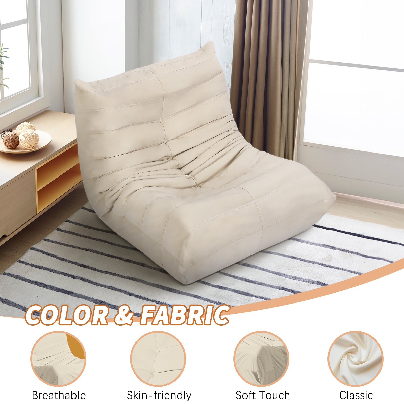 Oversized Bean Bag Chair for Adults, Memory Foam Fireside Chair and Comfy Lazy Floor Sofa for Living Room and Office, Beige,