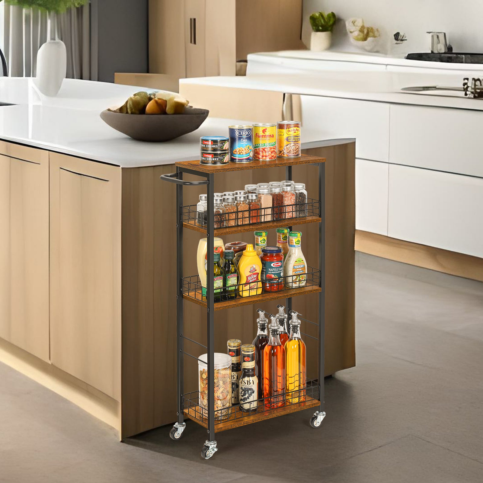 4-Tier Slim Rolling Cart | 7.3" Narrow Slide-Out Pantry Organizer with Rustic Wood Top