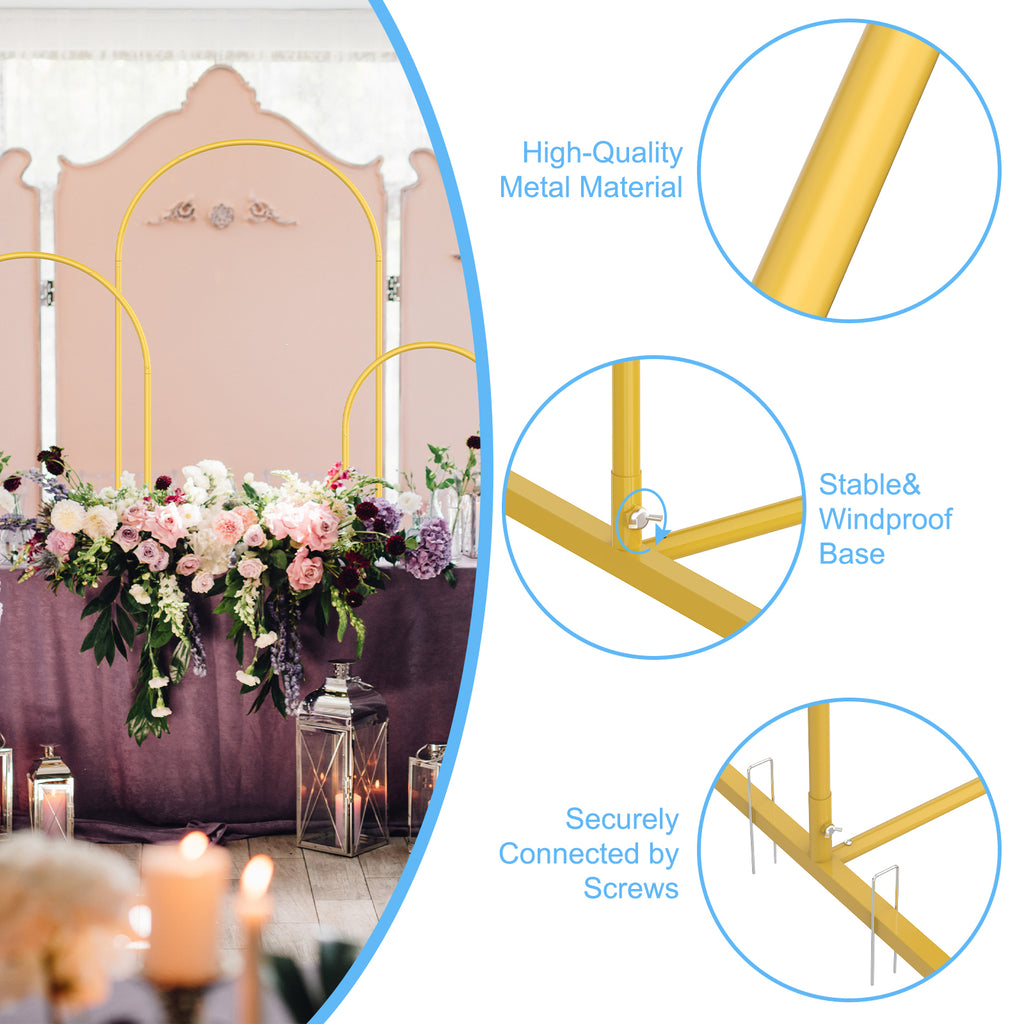 Gold Metal Arched Backdrop Frame Set of 3, Heights 4ft, 5ft, and 6ft, Triple Piece Floral and Balloon Display Stand for Wedding Ceremony, Anniversary Party, and Photography Backgrounds