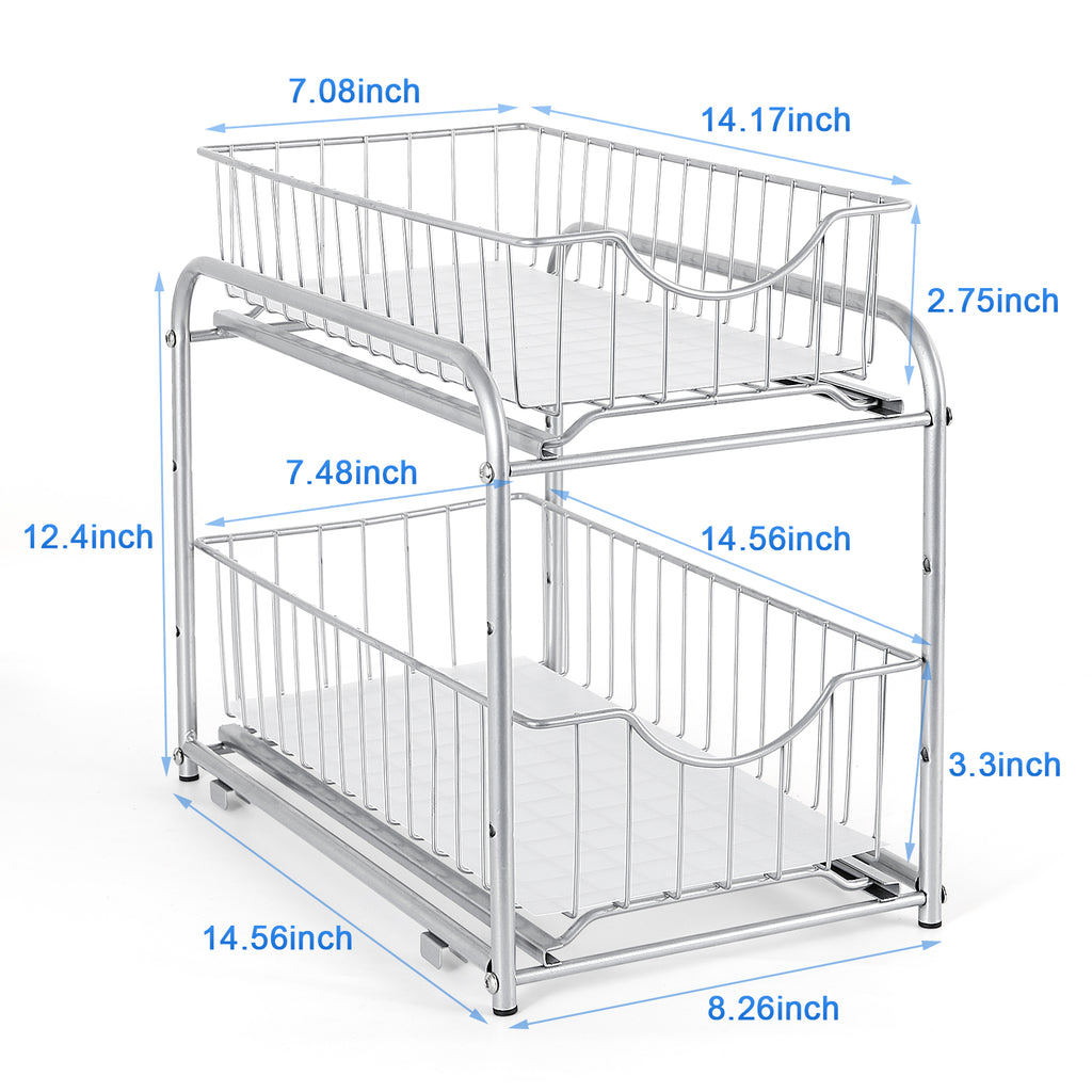 2-Tier Sliding Under Sink Organizer - Stackable Metal Basket Storage Drawer for Kitchen & Bathroom