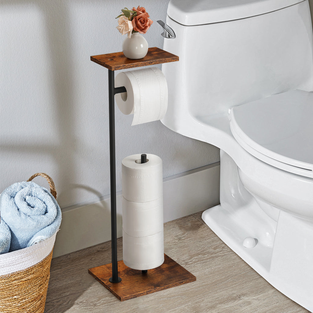 Rustic Industrial Free-Standing Toilet Paper Holder â€“ 3-in-1 Bathroom Organizer with Storage Shelf & Reserve