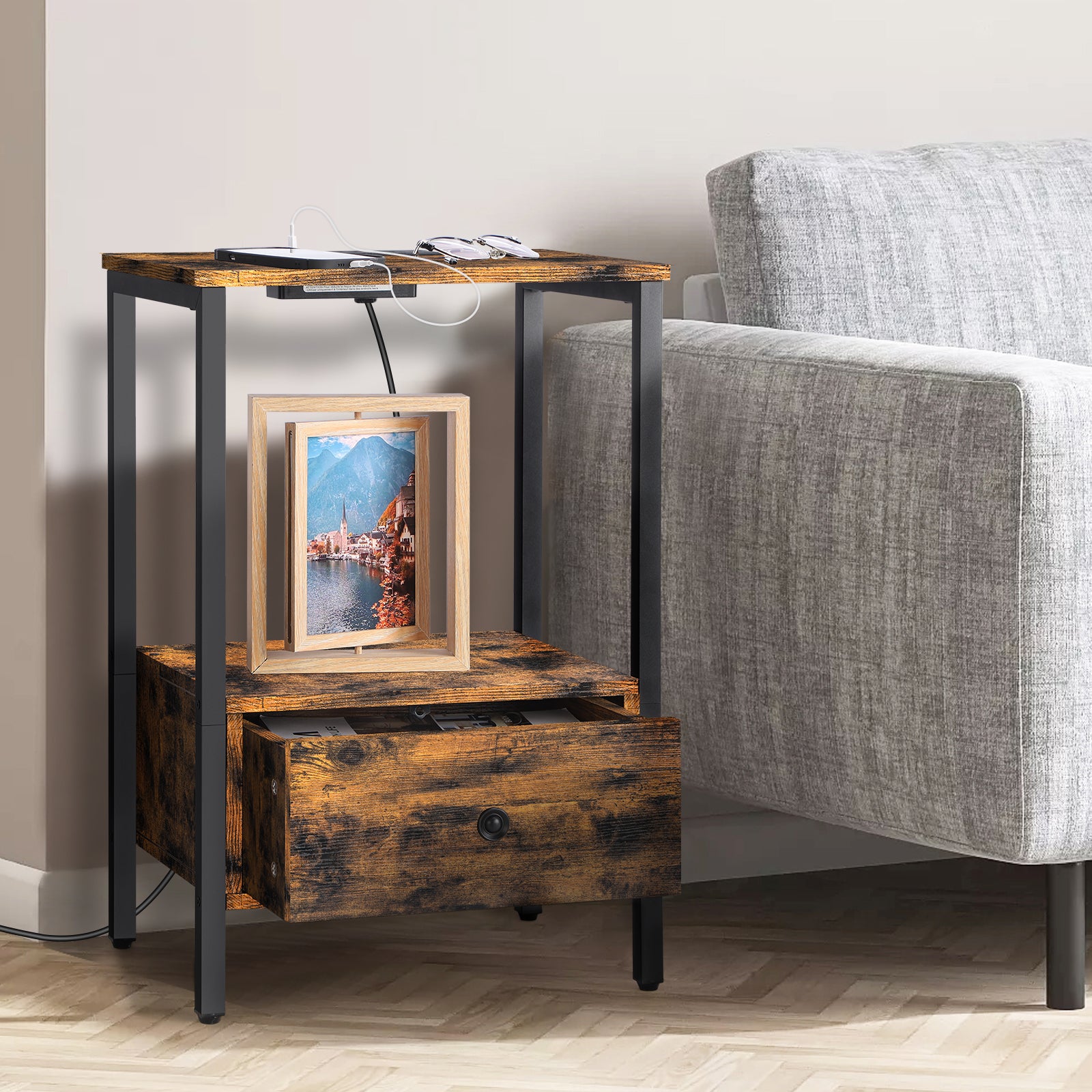2-Tier Side End Table with Charging Station & Wooden Drawer, Rustic Bedside Nightstand for Bedroom & Workplace,