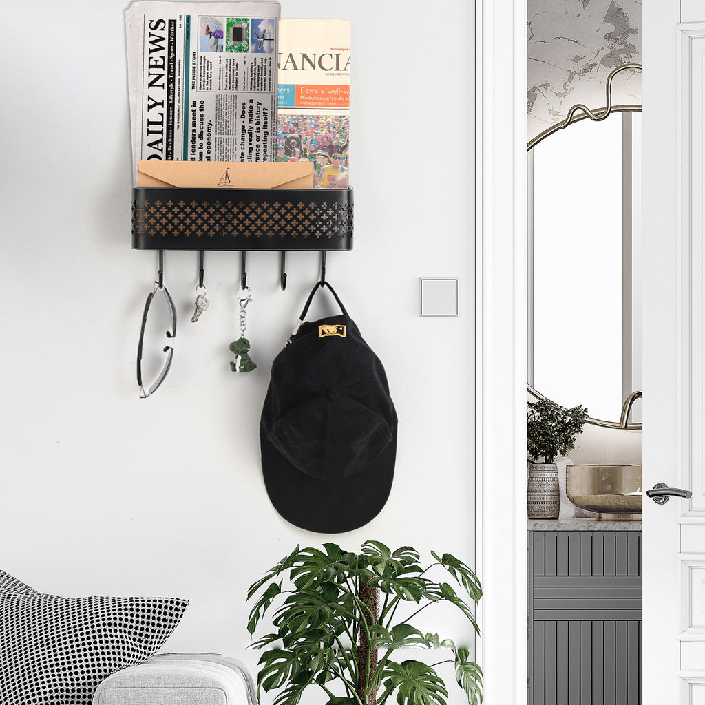 Wall Mounted Key & Mail Holder Set of 2 - Decorative Metal Entryway Organizer with 5 Hooks, Black
