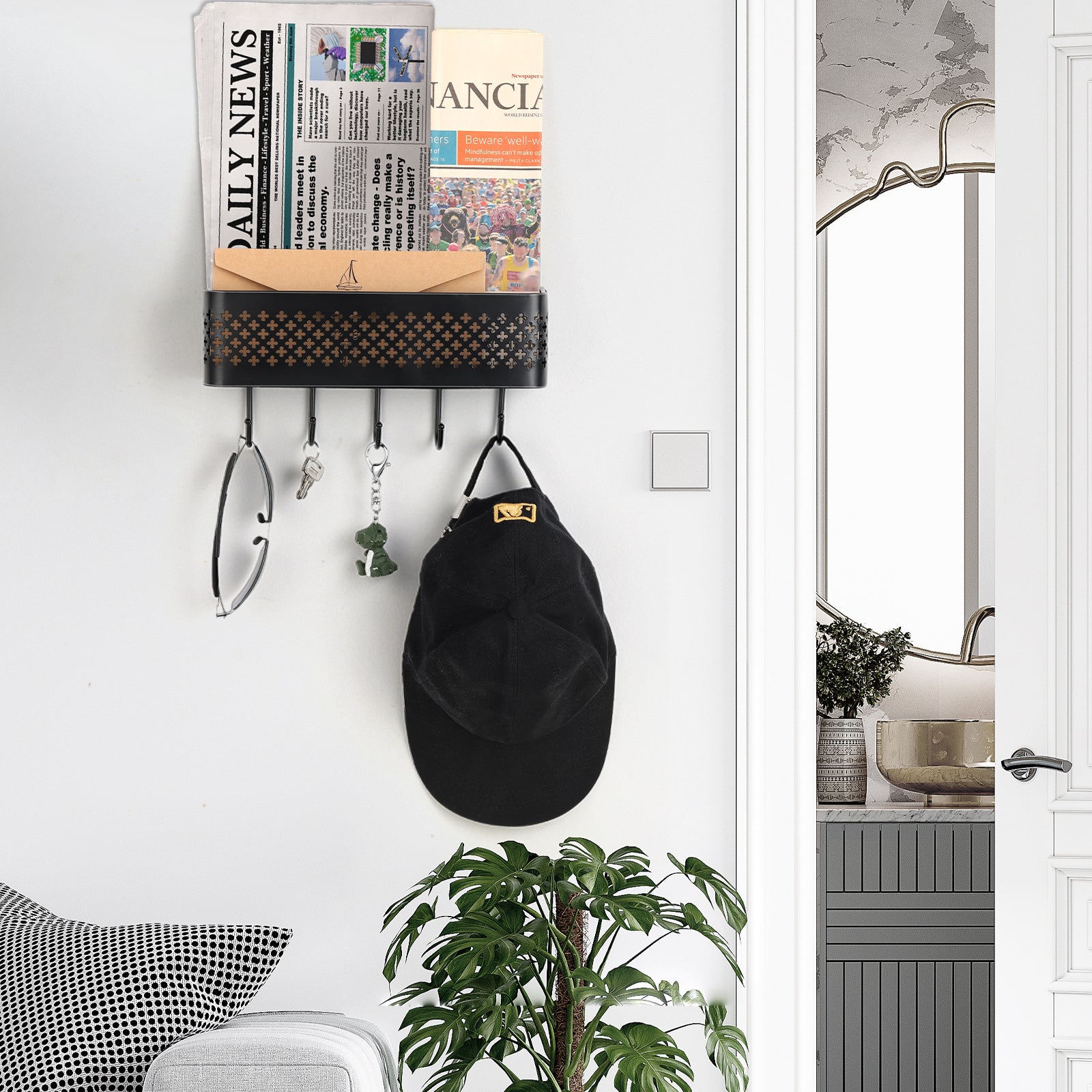 Wall Mounted Key & Mail Holder Set of 2 - Decorative Metal Entryway Organizer with 5 Hooks, Black