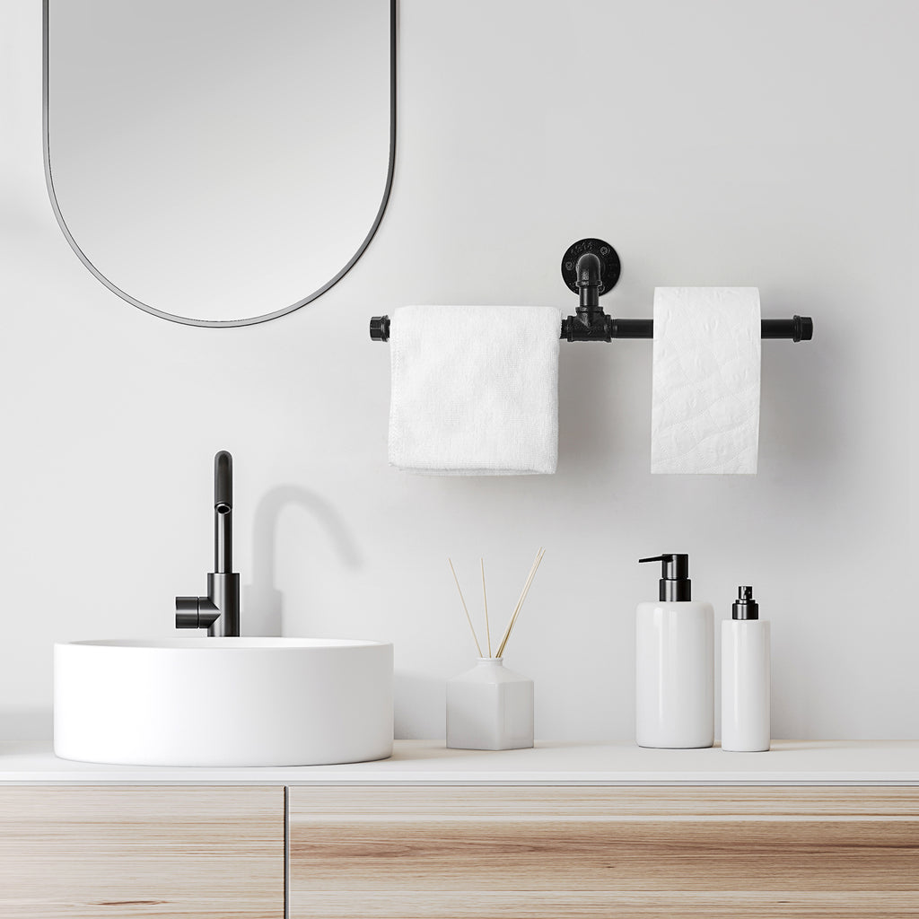 Industrial Dual-Post Pipe Toilet Paper Holder — Wall-Mounted Double Roll Tissue Rack for Bathroom and Kitchen.