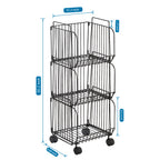 3-Tier Rolling Pantry Floor Organizer Storage Basket, Stackable 3 Tier Metal Wire Basket with Wheels, Kitchen Storage Bin Organizer, Utility Cart Rack for Pantry Coutertop Bedroom Bathroom