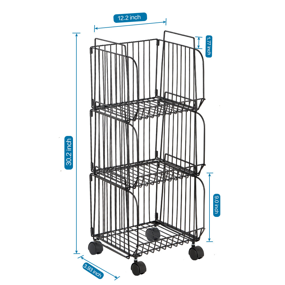 3-Tier Rolling Pantry Floor Organizer Storage Basket, Stackable 3 Tier Metal Wire Basket with Wheels, Kitchen Storage Bin Organizer, Utility Cart Rack for Pantry Coutertop Bedroom Bathroom