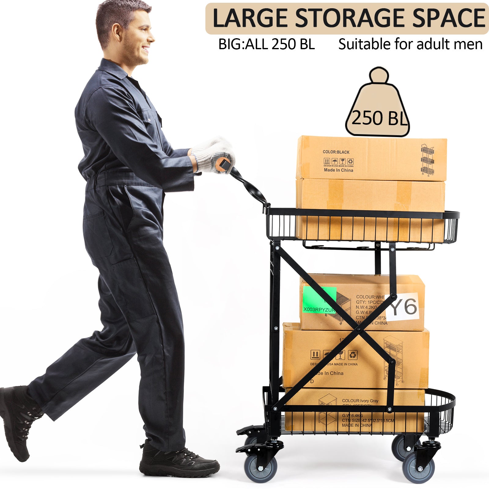 Multi functional foldable cart, office cart, freely movable multifunctional cart with rotating wheels, sturdy basket, black, suitable for home, office, travel, shopping
