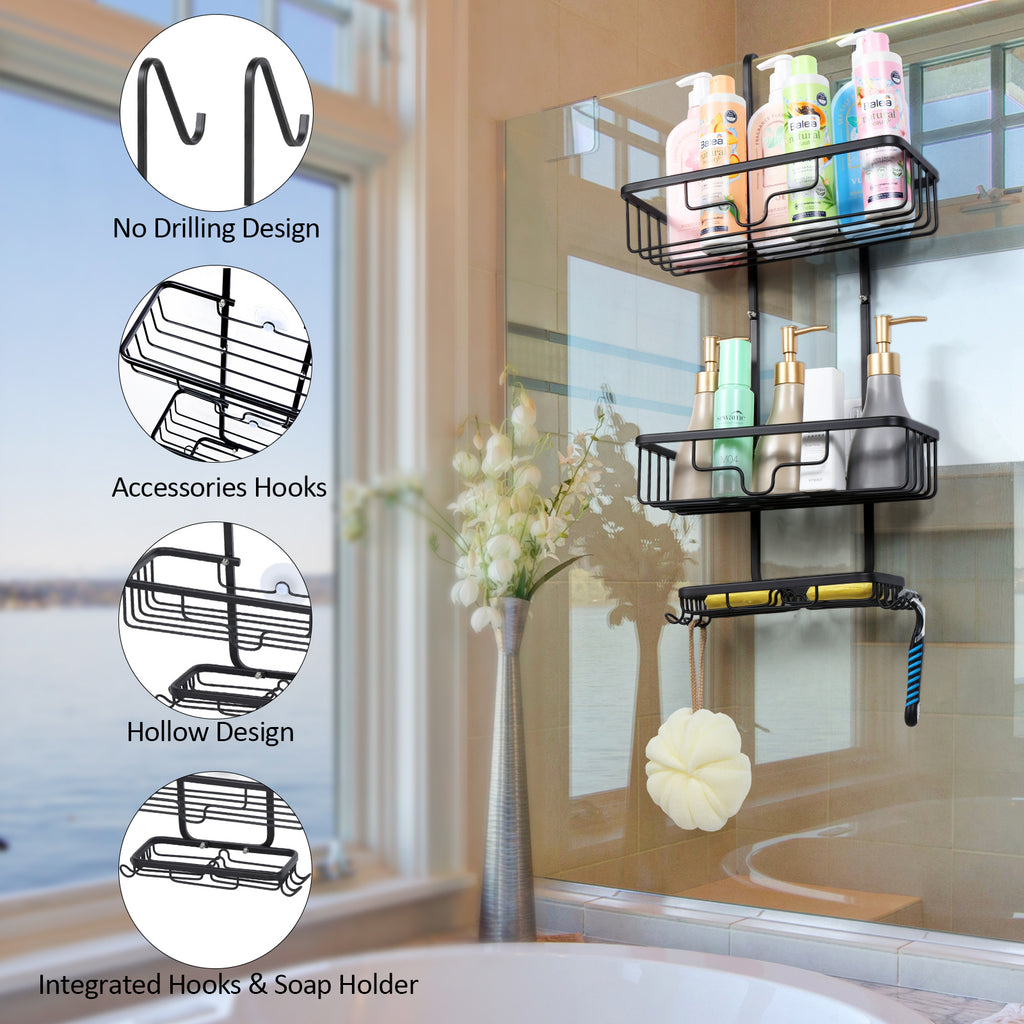 Aluminum bathroom basket behind the door, hanging, aluminum bathroom, shower caddy organizer with 2 baskets and hooks, anti-rust shampoo, conditioner and soap, black