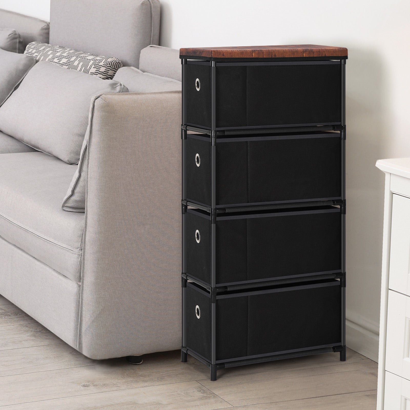 Slim 4-Drawer Fabric Storage Tower, Compact Black Vertical Dresser and Nightstand for Small Spaces, Versatile End Table for Bedroom, Living Room, or Office