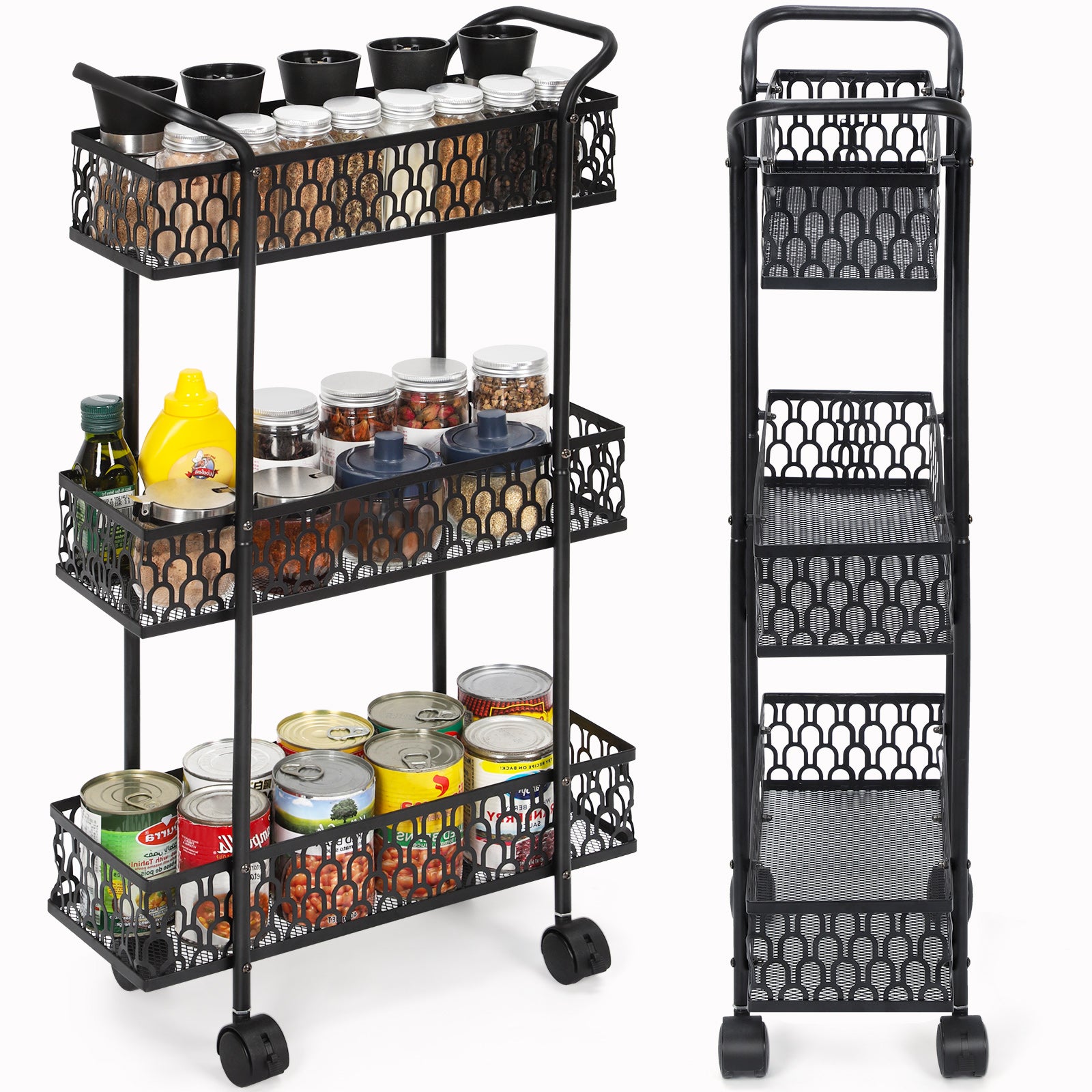 3 Layers, Slim Storage Cart with Wheels, Kitchen Rolling Cart Frame, Mobile Metal Storage Room Cart Frame for Bathroom Laundry, Rolling Multipurpose Cart for Tight Places Black