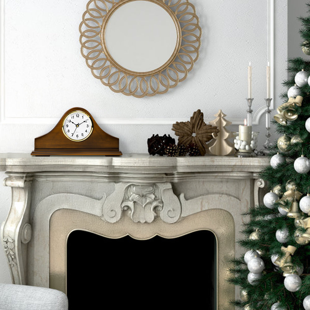 Arched Wooden Mantel Clock - Battery Operated Traditional Table Clock for Living Room, Fireplace & Office,