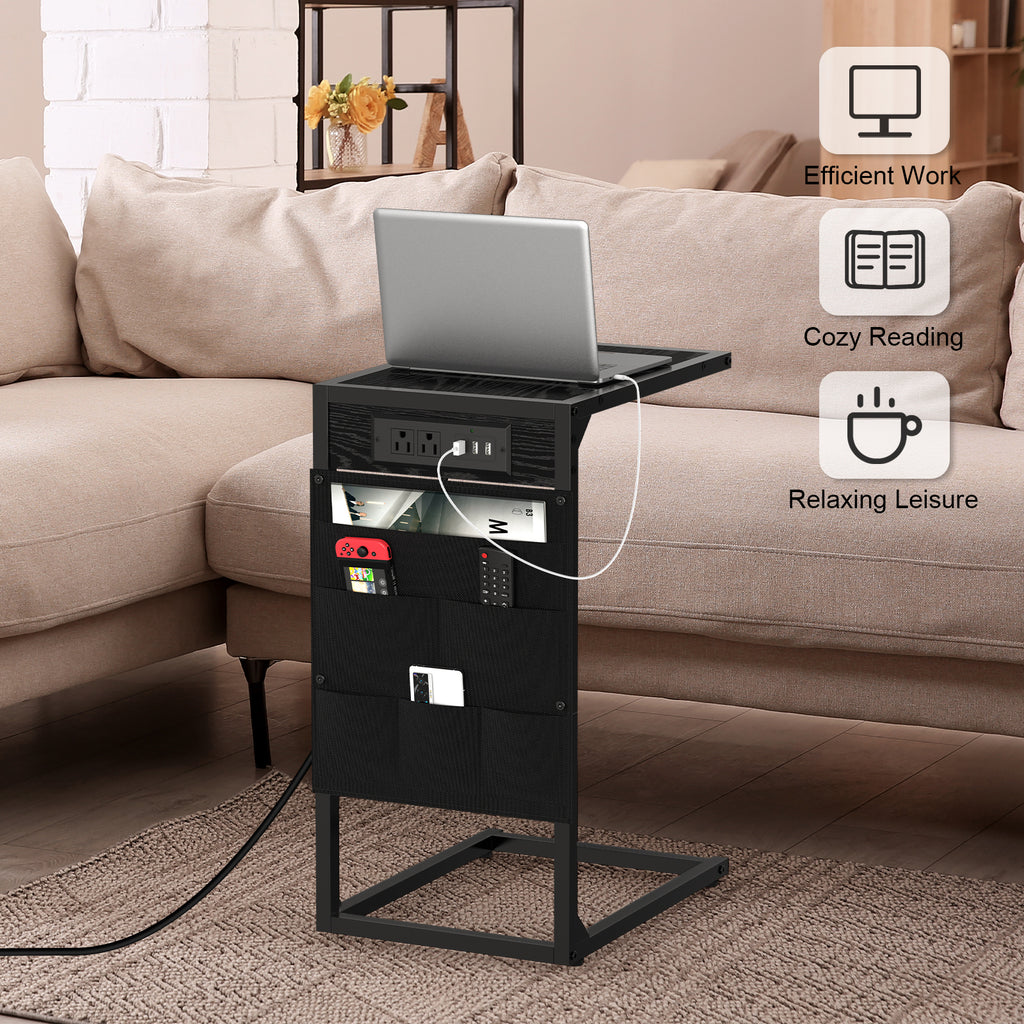 2-Pack C-Shaped Side Tables with Charging Station - Sofa End Tables with Outlets & USB Ports, Storage Pockets for Tablet & Remote, Black