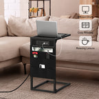 2-Pack C-Shaped Side Tables with Charging Station - Sofa End Tables with Outlets & USB Ports, Storage Pockets for Tablet & Remote, Black